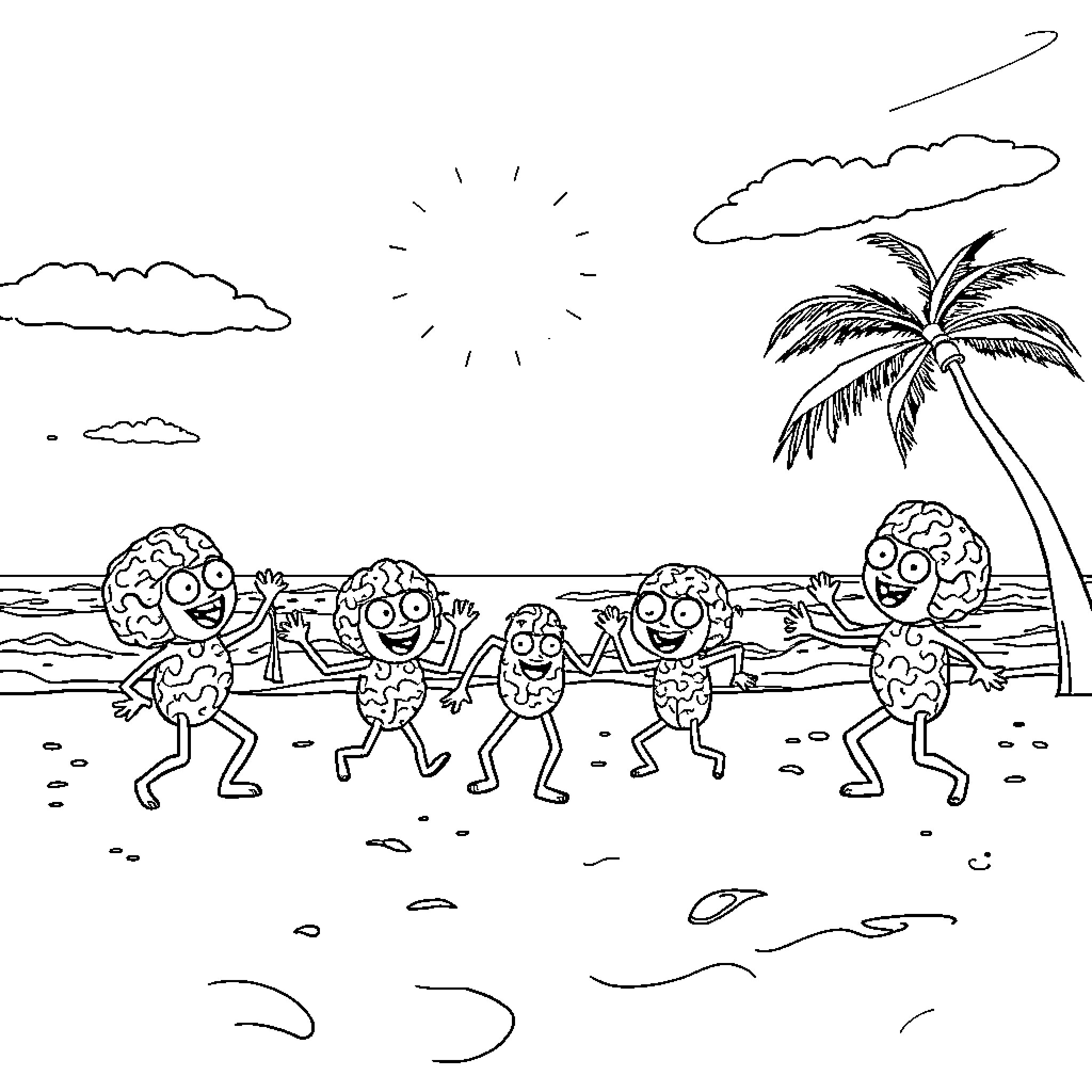Brainrot: Quirky characters dancing on the beach Coloring Page (free black-and-white line drawing printable PDF for all, from beginners to advanced learners, including children, teens, adults, and seniors)