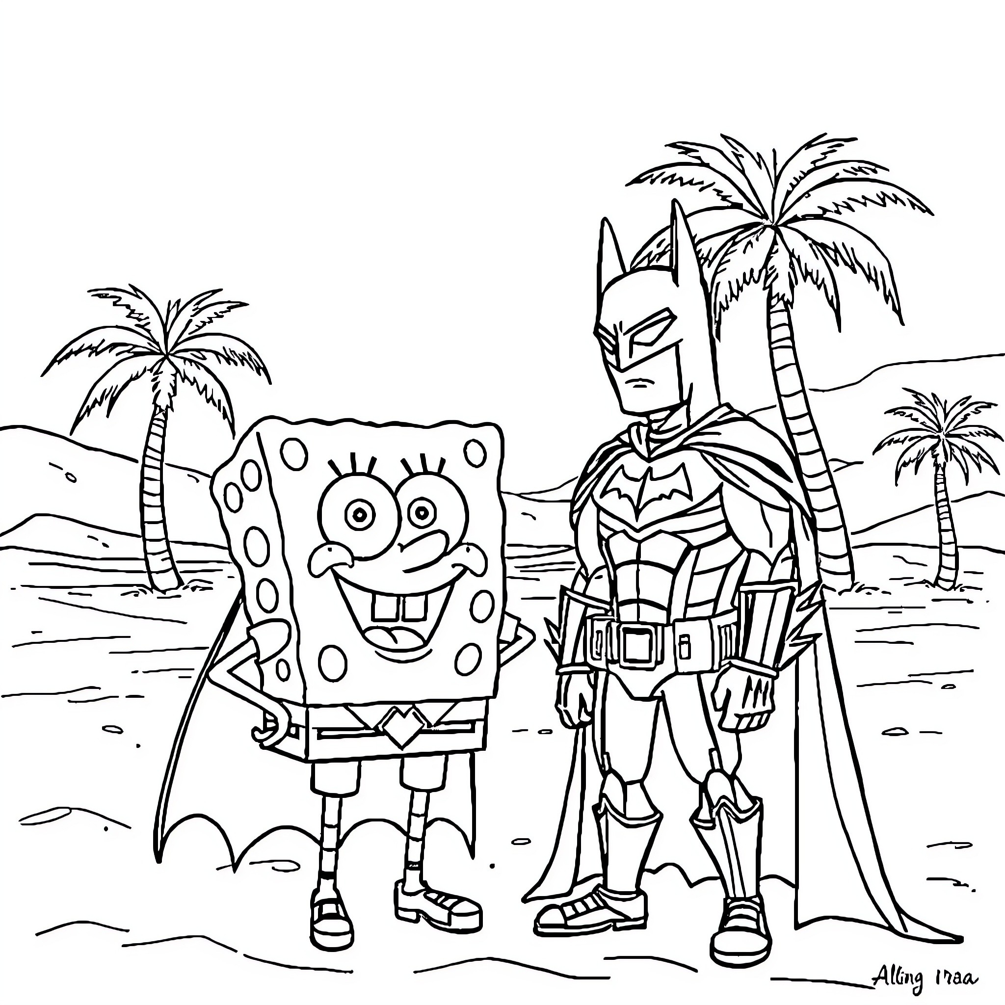 Batman and SpongeBob in a tropical beach scene Coloring Page (free black-and-white line drawing printable PDF for all, from beginners to advanced learners, including children, teens, adults, and seniors)