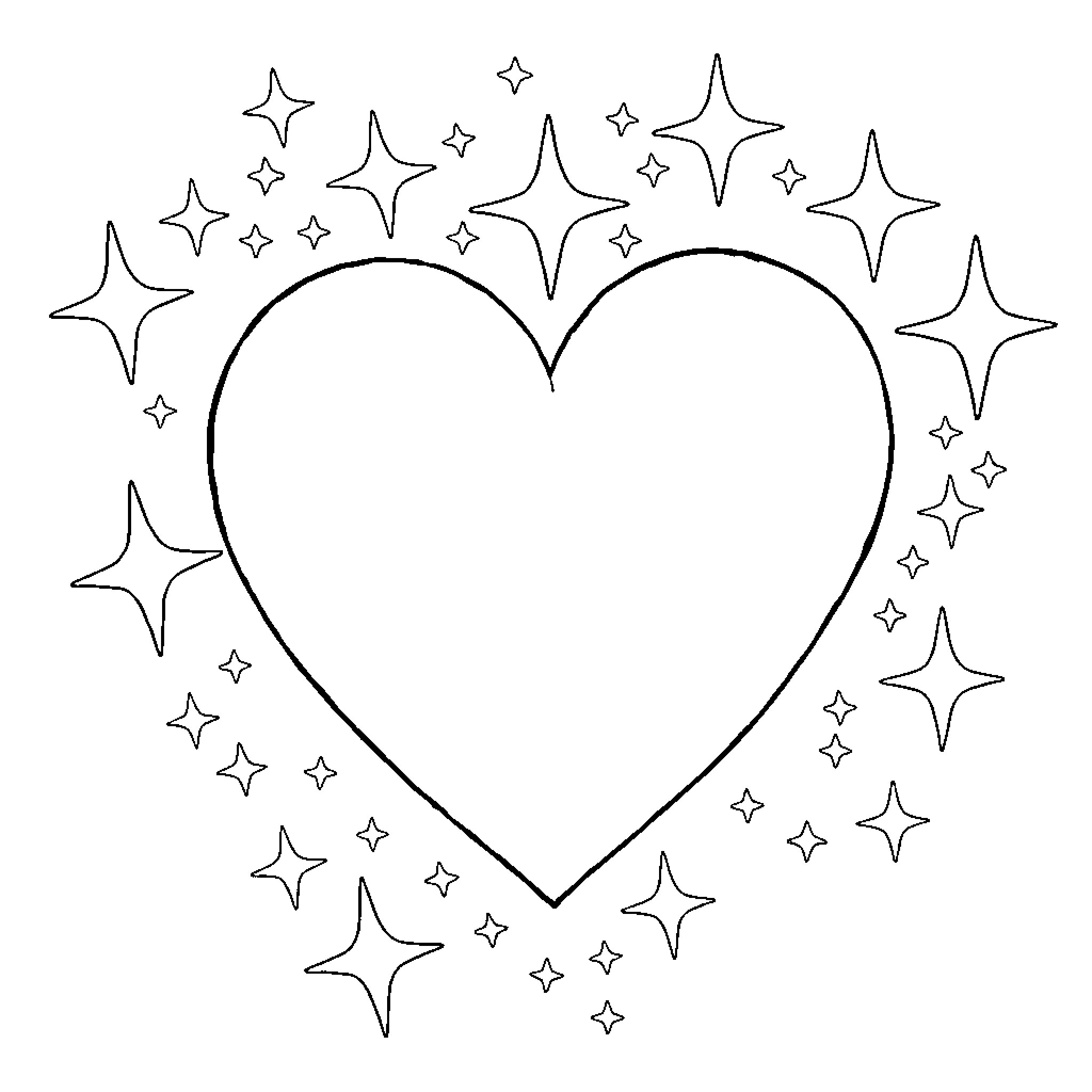Corazon with Sparkling Stars Coloring Page (free black-and-white line drawing printable PDF for all, from beginners to advanced learners, including children, teens, adults, and seniors)