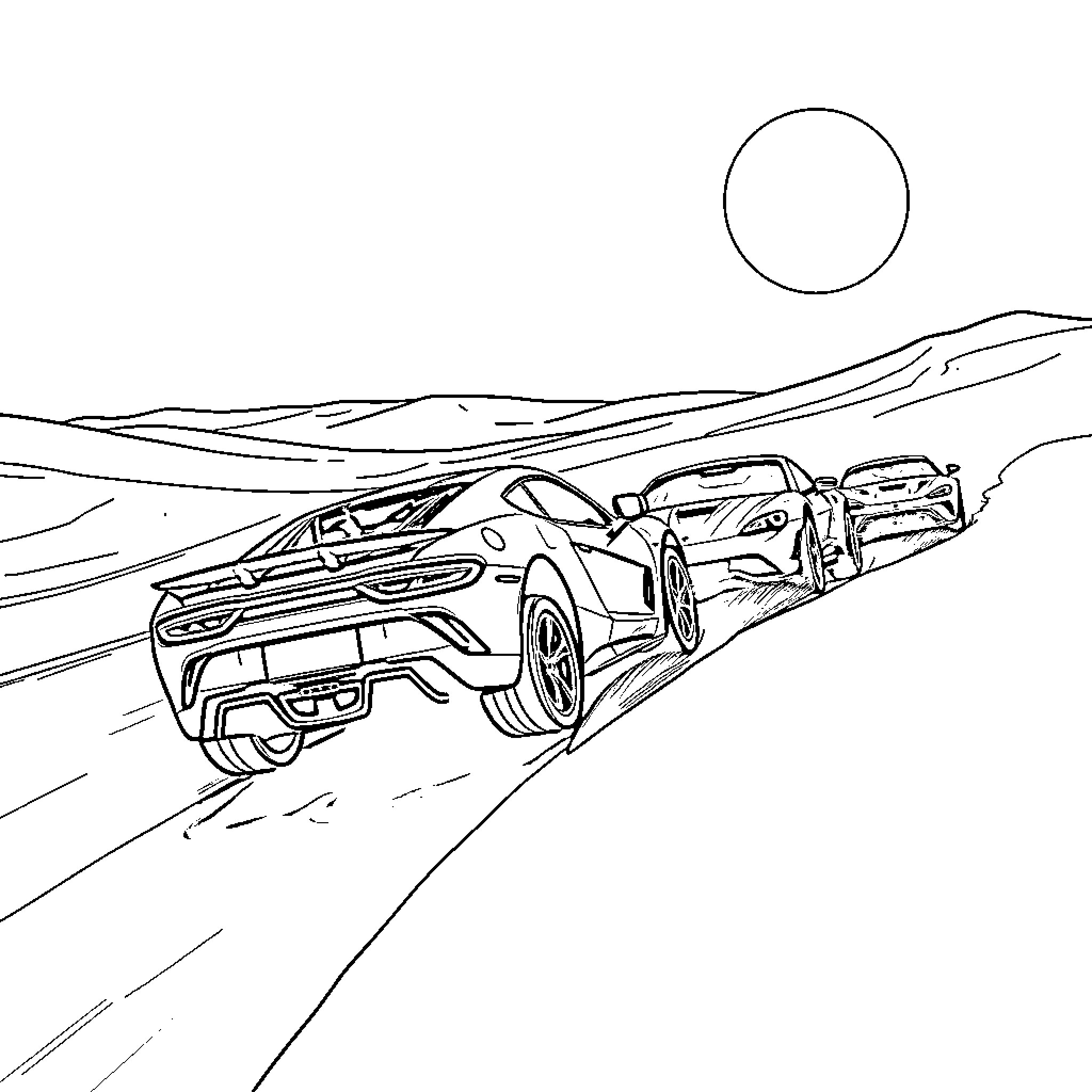 Sports Cars Racing on Mountainous Road Coloring Page (free black-and-white line drawing printable PDF for all, from beginners to advanced learners, including children, teens, adults, and seniors)