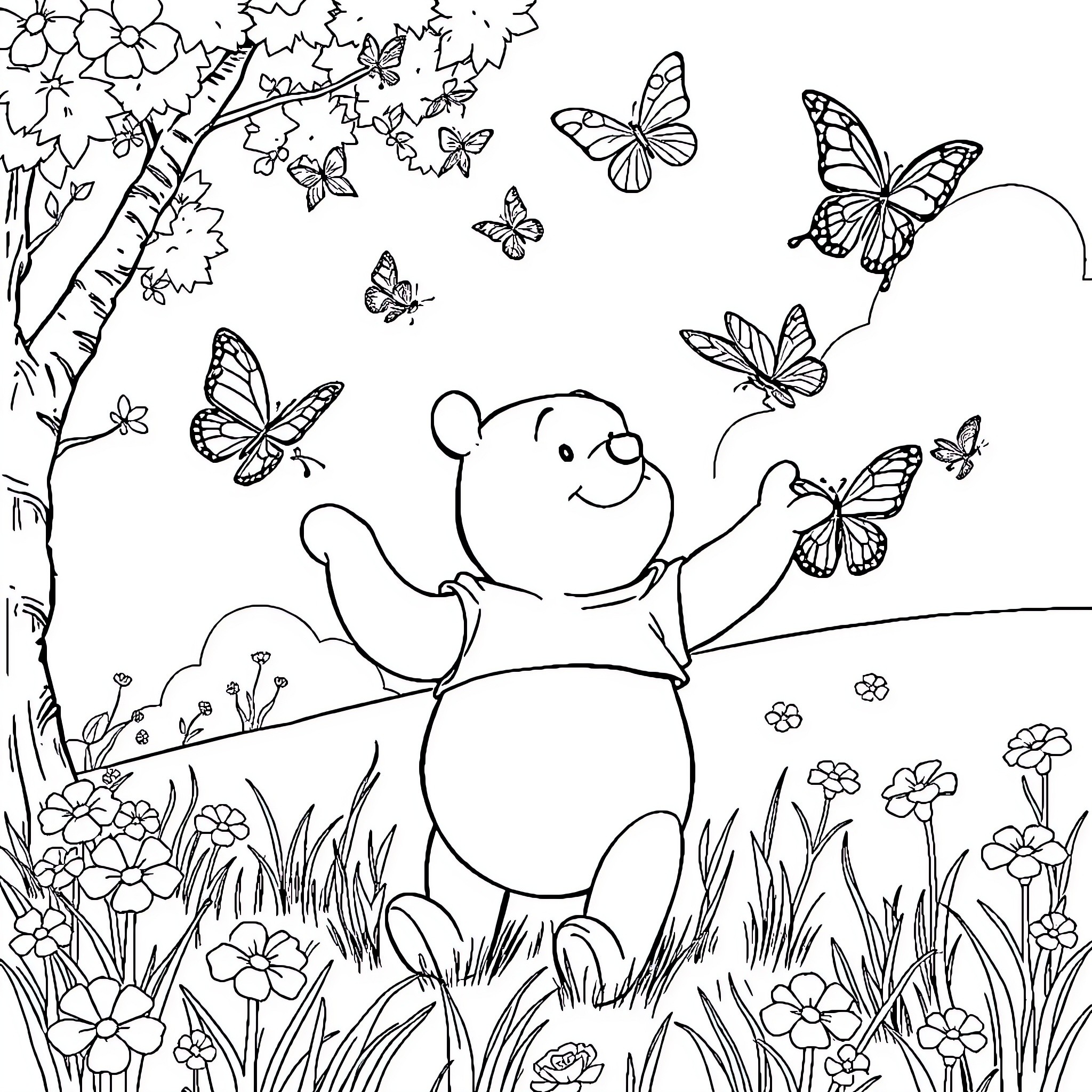 Winnie The Pooh playing with butterflies in the garden Coloring Page (free black-and-white line drawing printable PDF for all, from beginners to advanced learners, including children, teens, adults, and seniors)