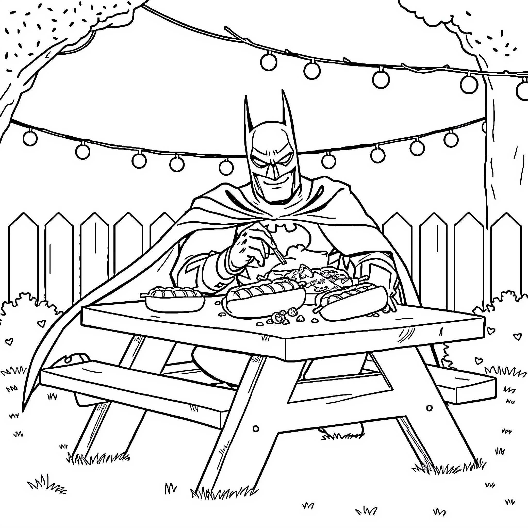 Batman grilling hot dogs at a backyard cookout Coloring Page (free black-and-white line drawing printable PDF for all, from beginners to advanced learners, including children, teens, adults, and seniors)