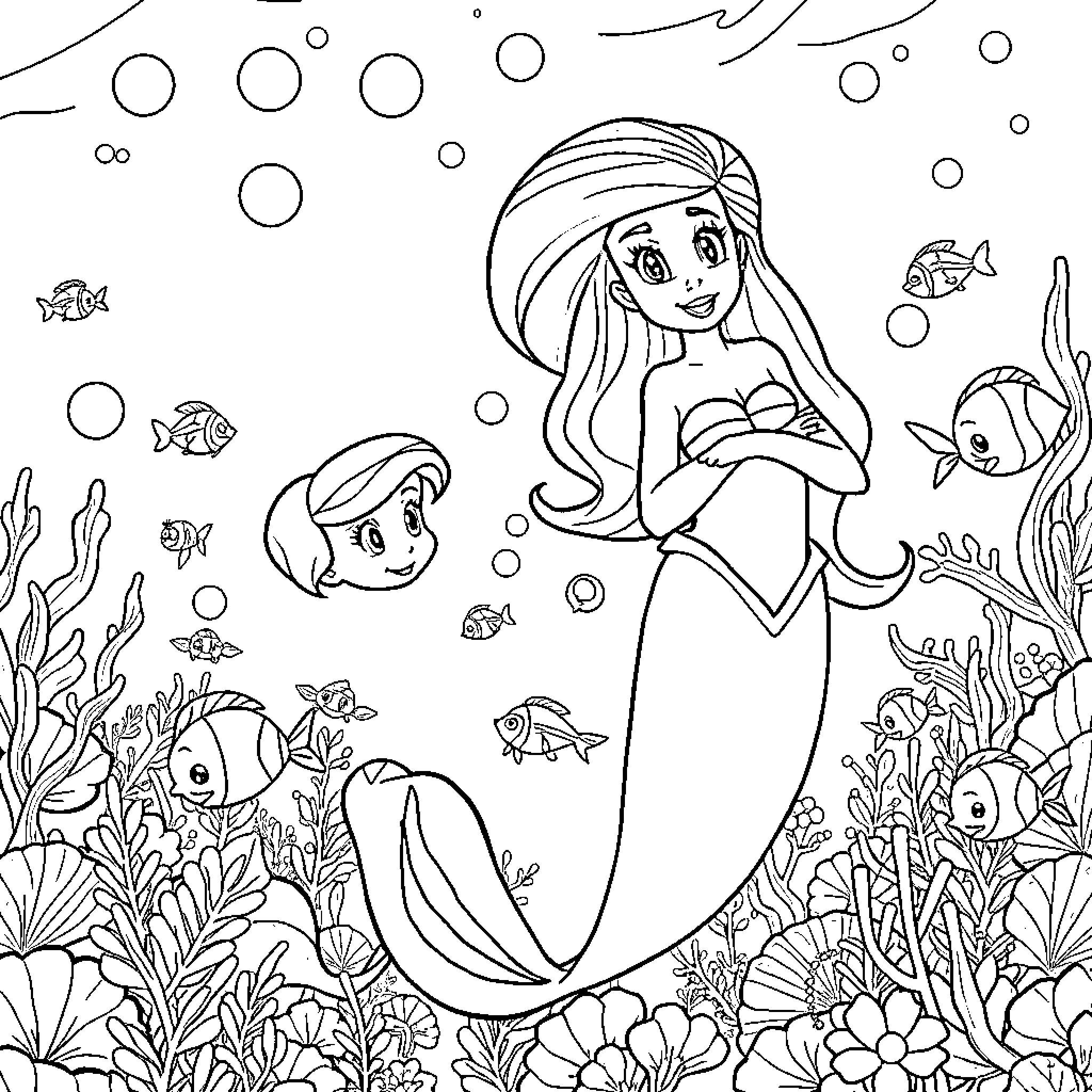 Mermaid swimming among underwater sea creatures Coloring Page (free black-and-white line drawing printable PDF for all, from beginners to advanced learners, including children, teens, adults, and seniors)