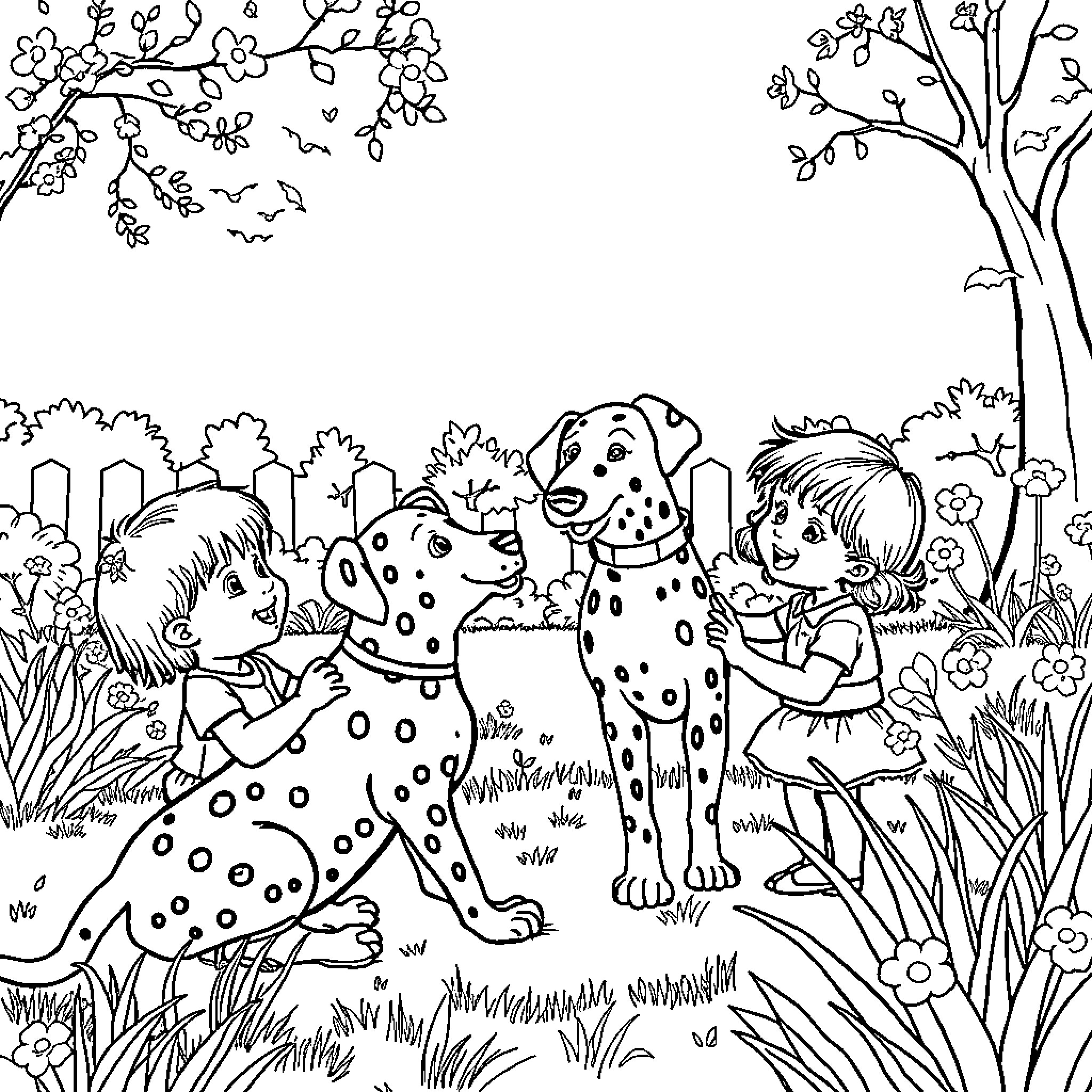 Dalmatian playing with children in a garden Coloring Page (free black-and-white line drawing printable PDF for all, from beginners to advanced learners, including children, teens, adults, and seniors)