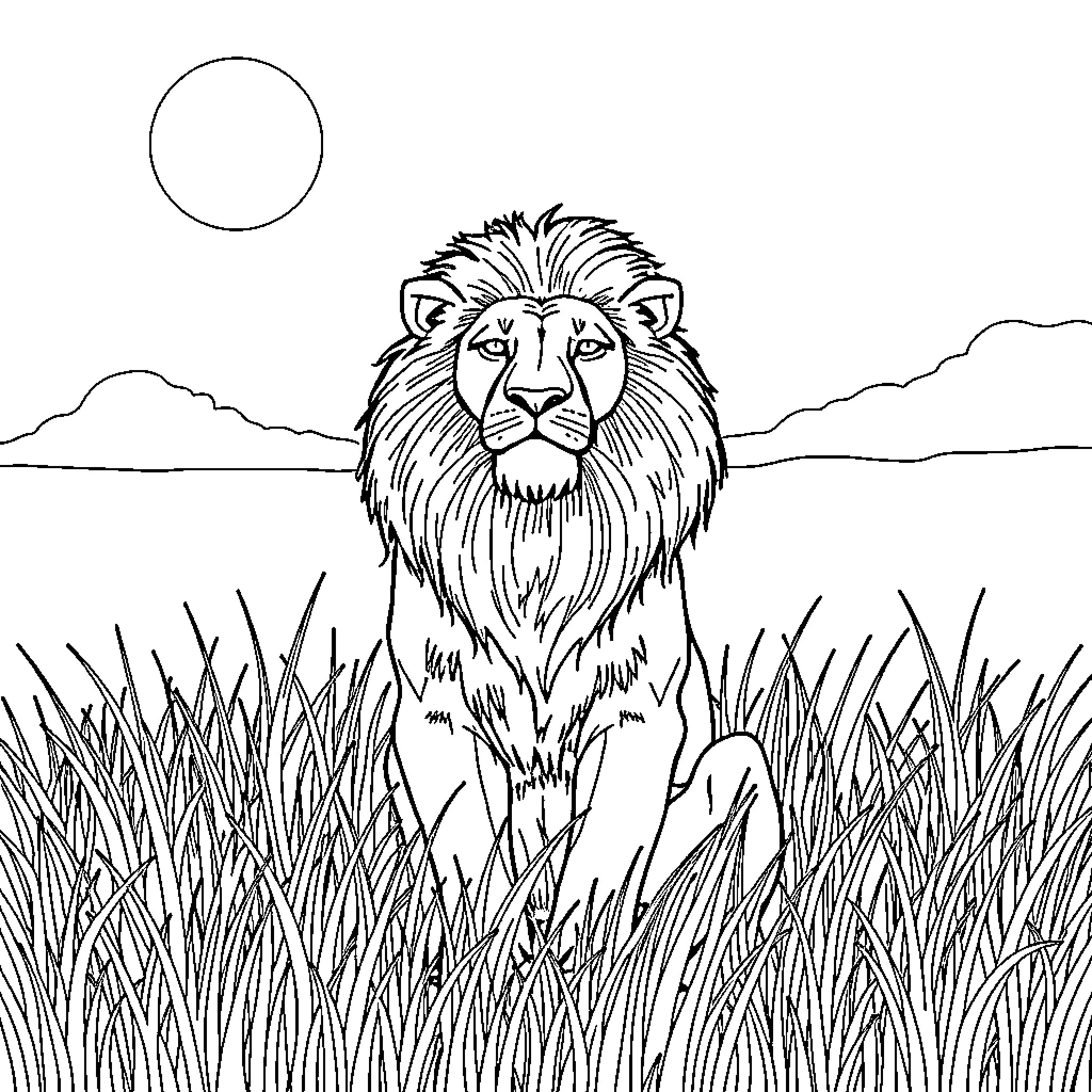 Lion resting in tall grass under the moon Coloring Page (free black-and-white line drawing printable PDF for all, from beginners to advanced learners, including children, teens, adults, and seniors)