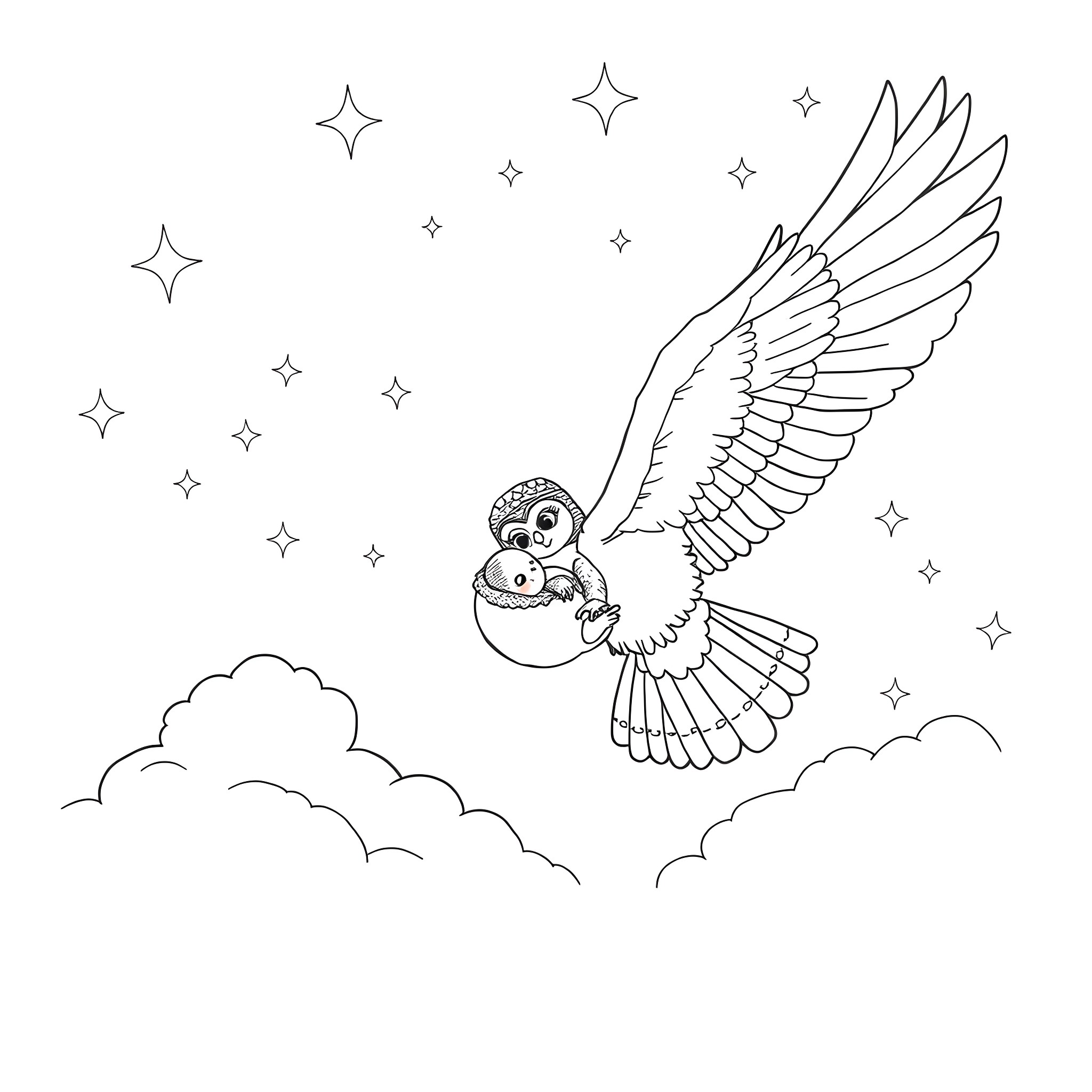 Owl flying with a baby owl in the starry night sky Coloring Page (free black-and-white line drawing printable PDF for all, from beginners to advanced learners, including children, teens, adults, and seniors)
