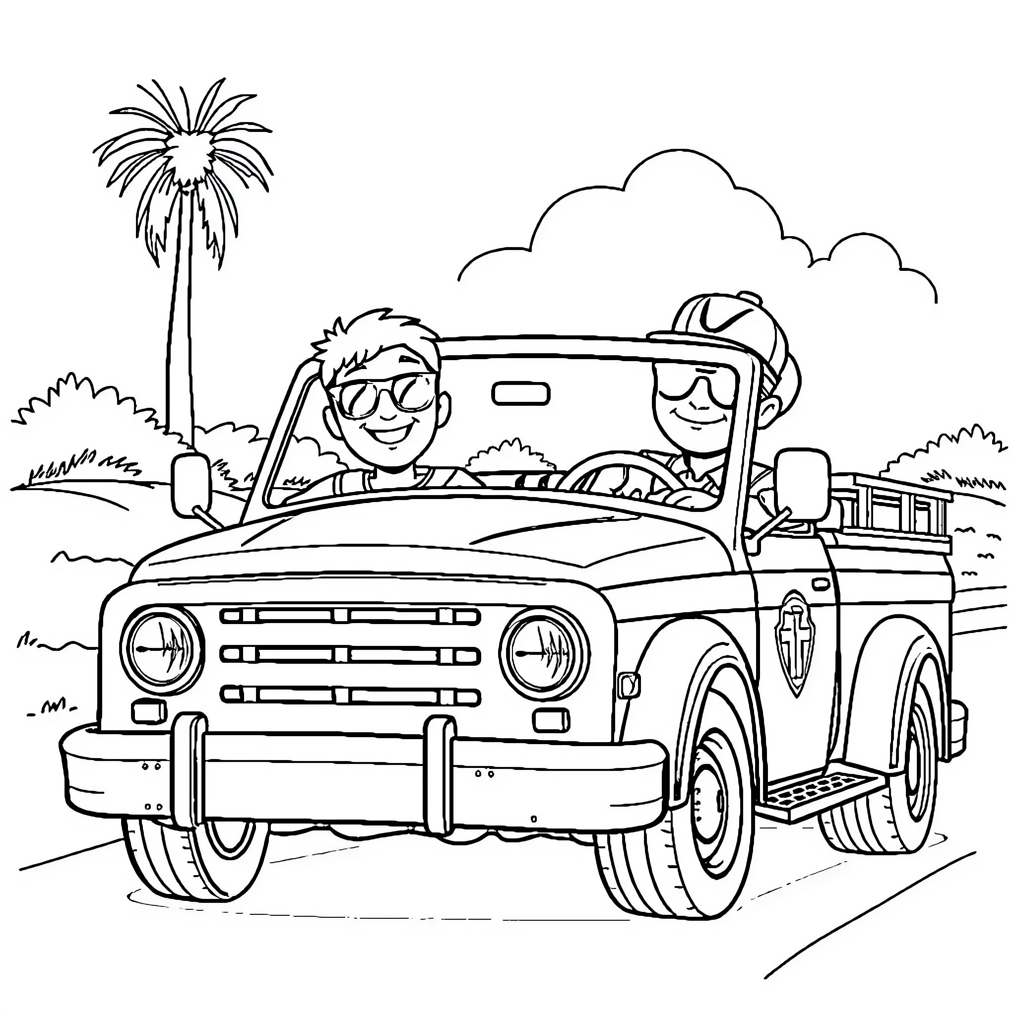 Fire Truck Transporting People on Vacation Coloring Page (free black-and-white line drawing printable PDF for all, from beginners to advanced learners, including children, teens, adults, and seniors)