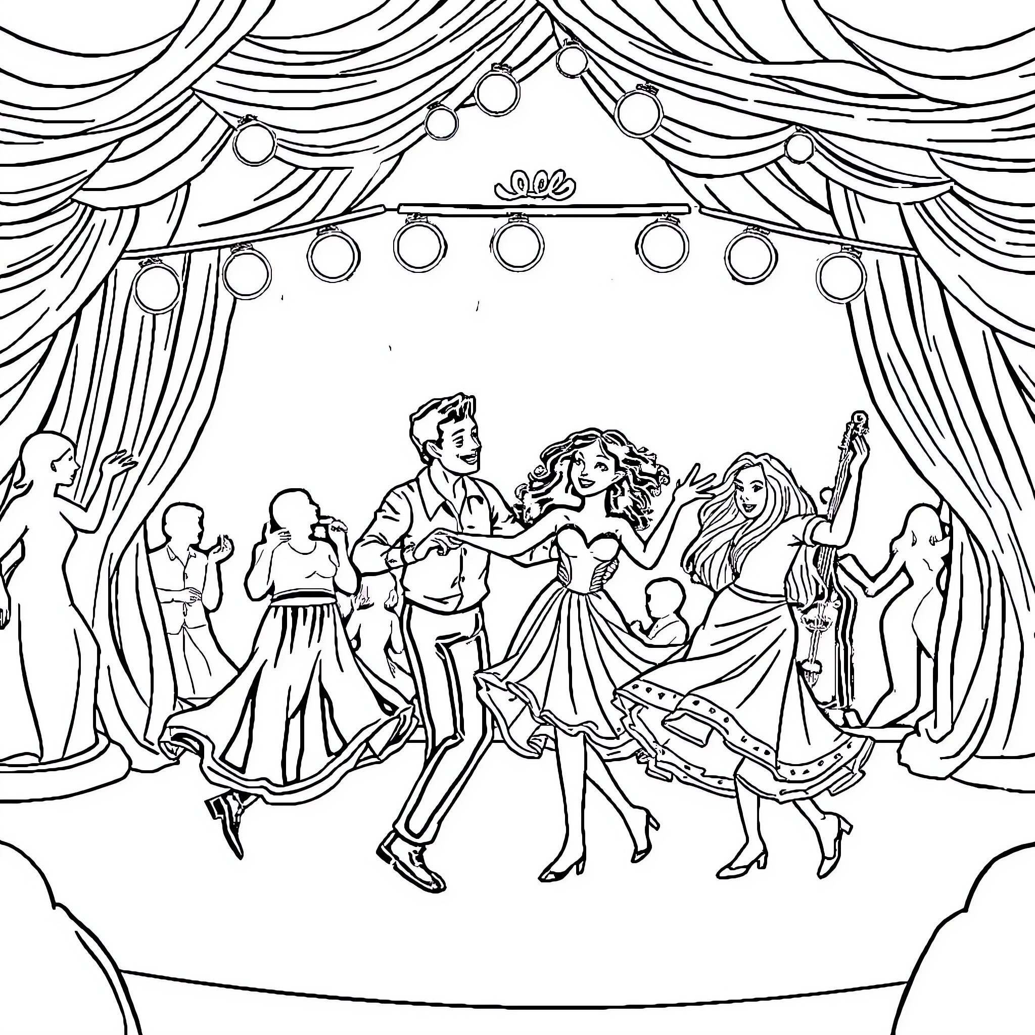 Juego del Calamar: People dancing on stage in costumes Coloring Page (free black-and-white line drawing printable PDF for all, from beginners to advanced learners, including children, teens, adults, and seniors)
