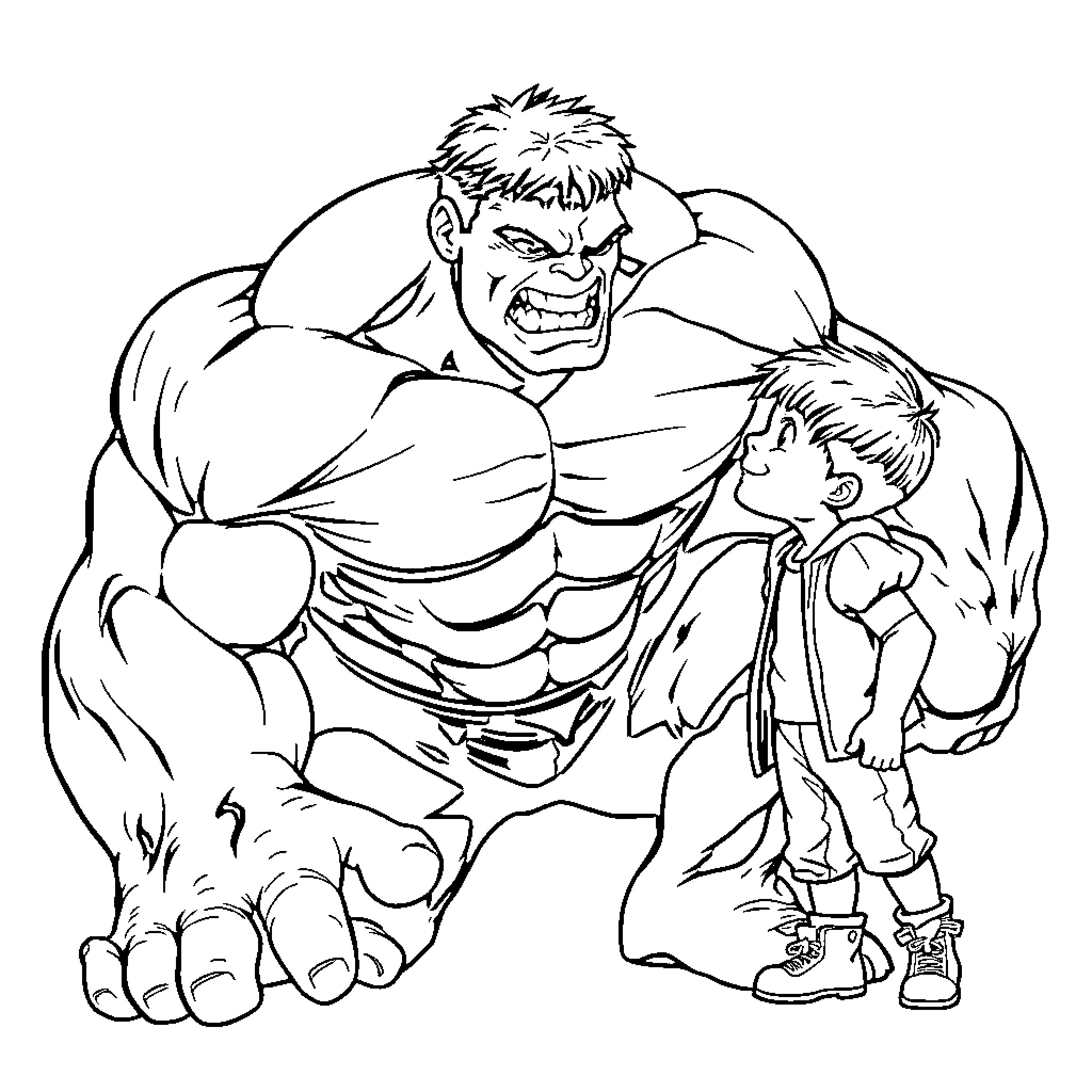 Hulk Protecting Young Boy from Danger Coloring Page (free black-and-white line drawing printable PDF for all, from beginners to advanced learners, including children, teens, adults, and seniors)