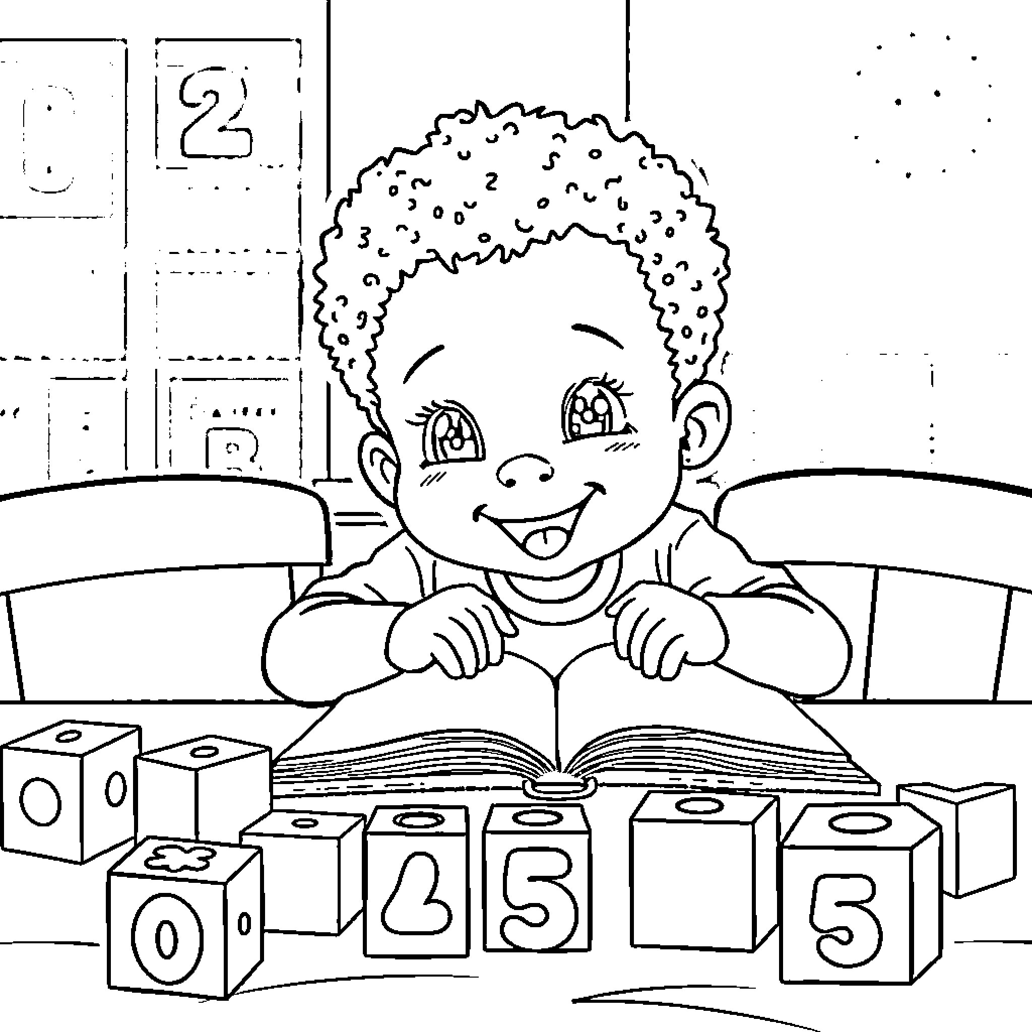 Boy exploring educational toys and books Coloring Page (free black-and-white line drawing printable PDF for all, from beginners to advanced learners, including children, teens, adults, and seniors)