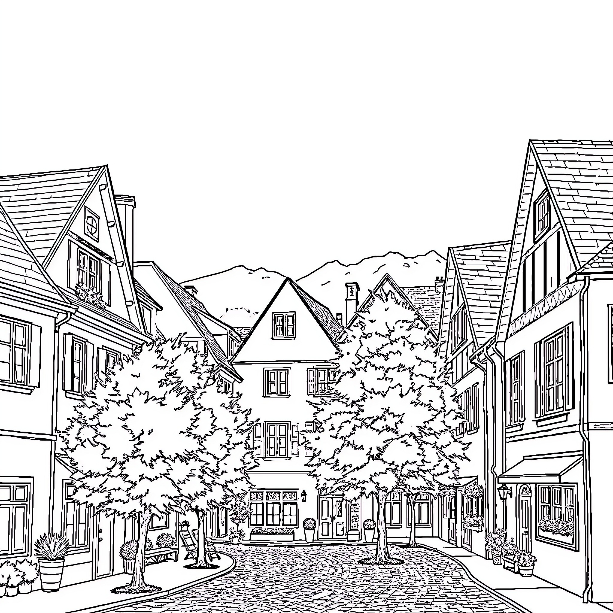 Schrobenhausen: Charming old town with historic buildings and trees Coloring Page (free black-and-white line drawing printable PDF for all, from beginners to advanced learners, including children, teens, adults, and seniors)