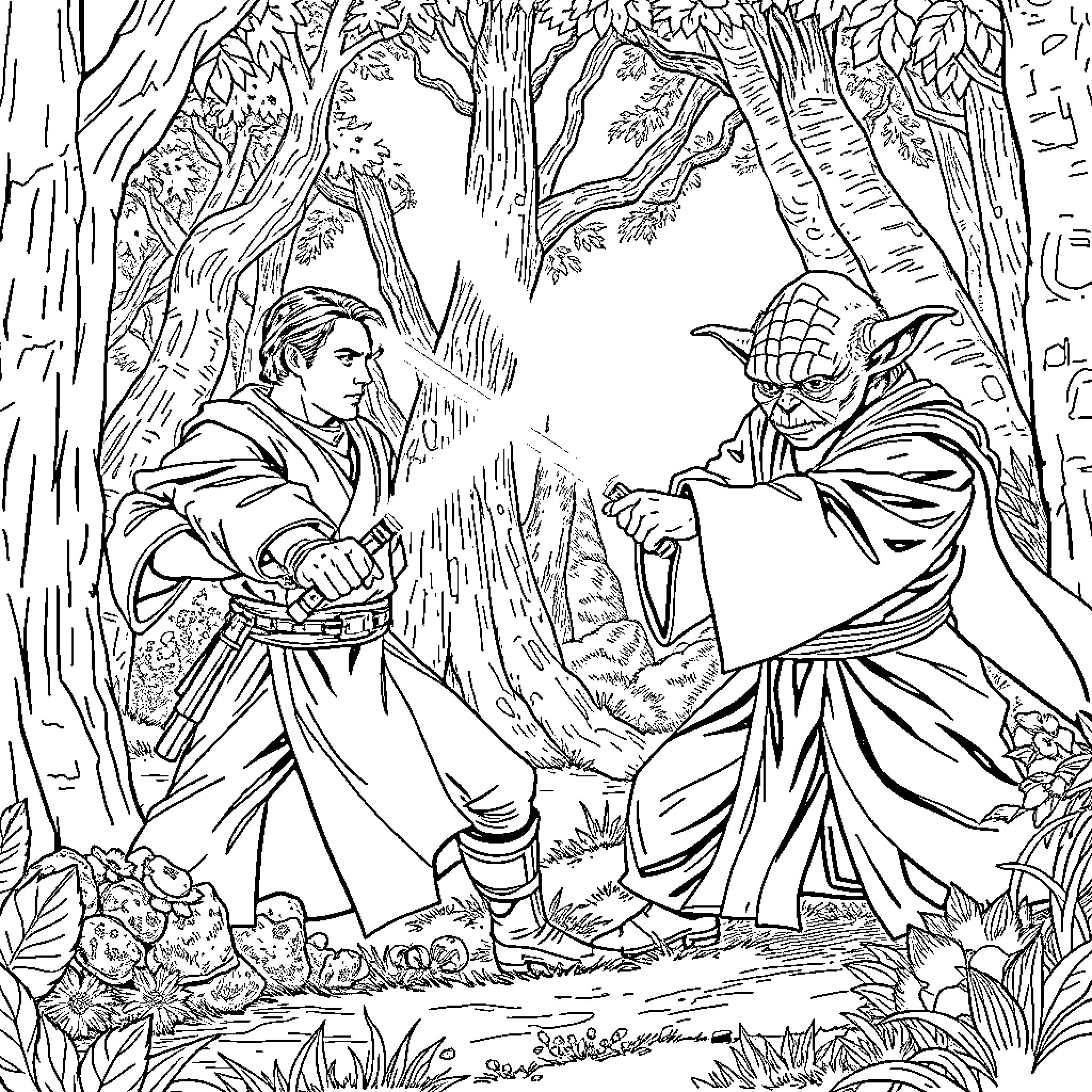Jedi warriors engage in an intense training session Coloring Page (free black-and-white line drawing printable PDF for all, from beginners to advanced learners, including children, teens, adults, and seniors)