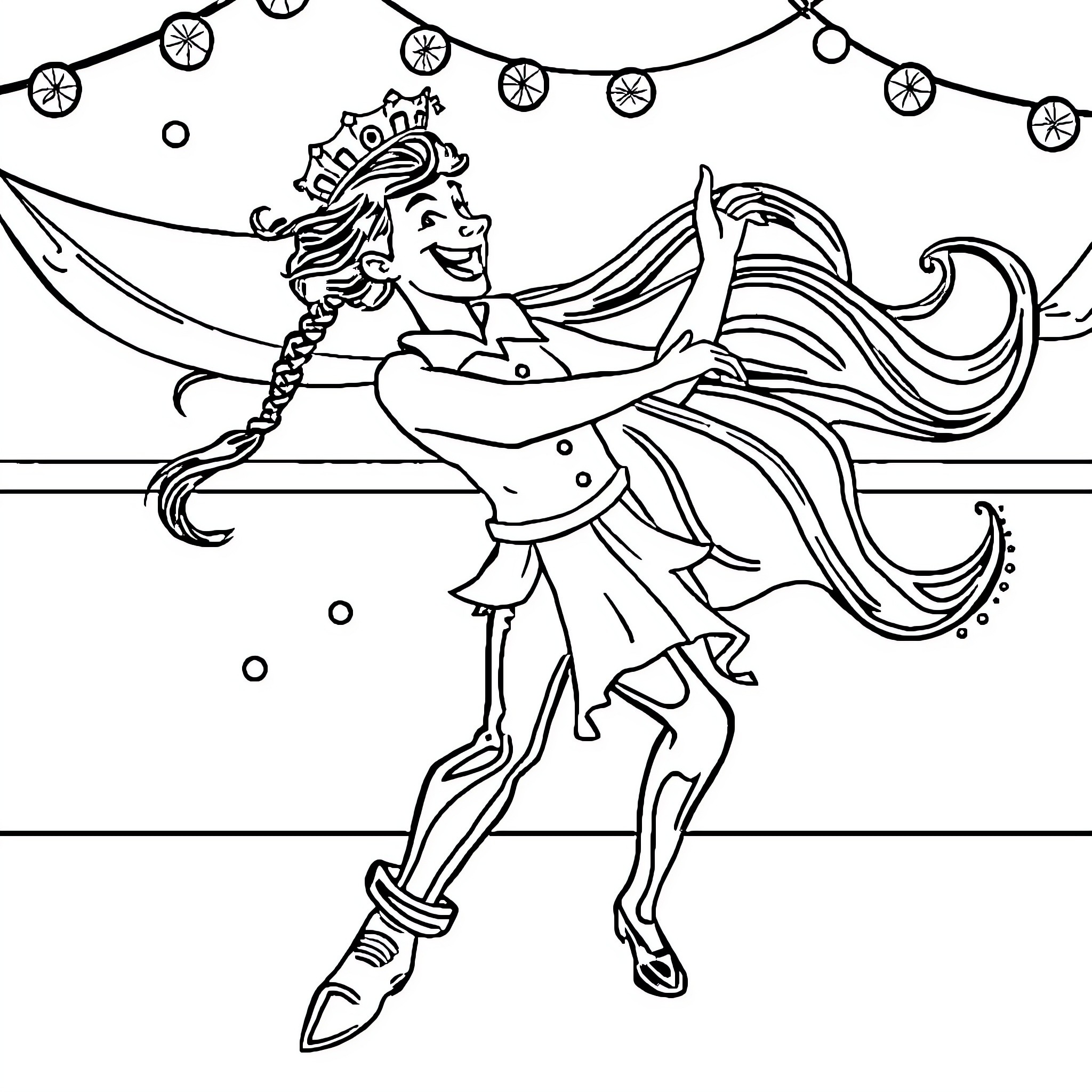 Tralalero Dancing Fairy with Flowing Hair Coloring Page (free black-and-white line drawing printable PDF for all, from beginners to advanced learners, including children, teens, adults, and seniors)