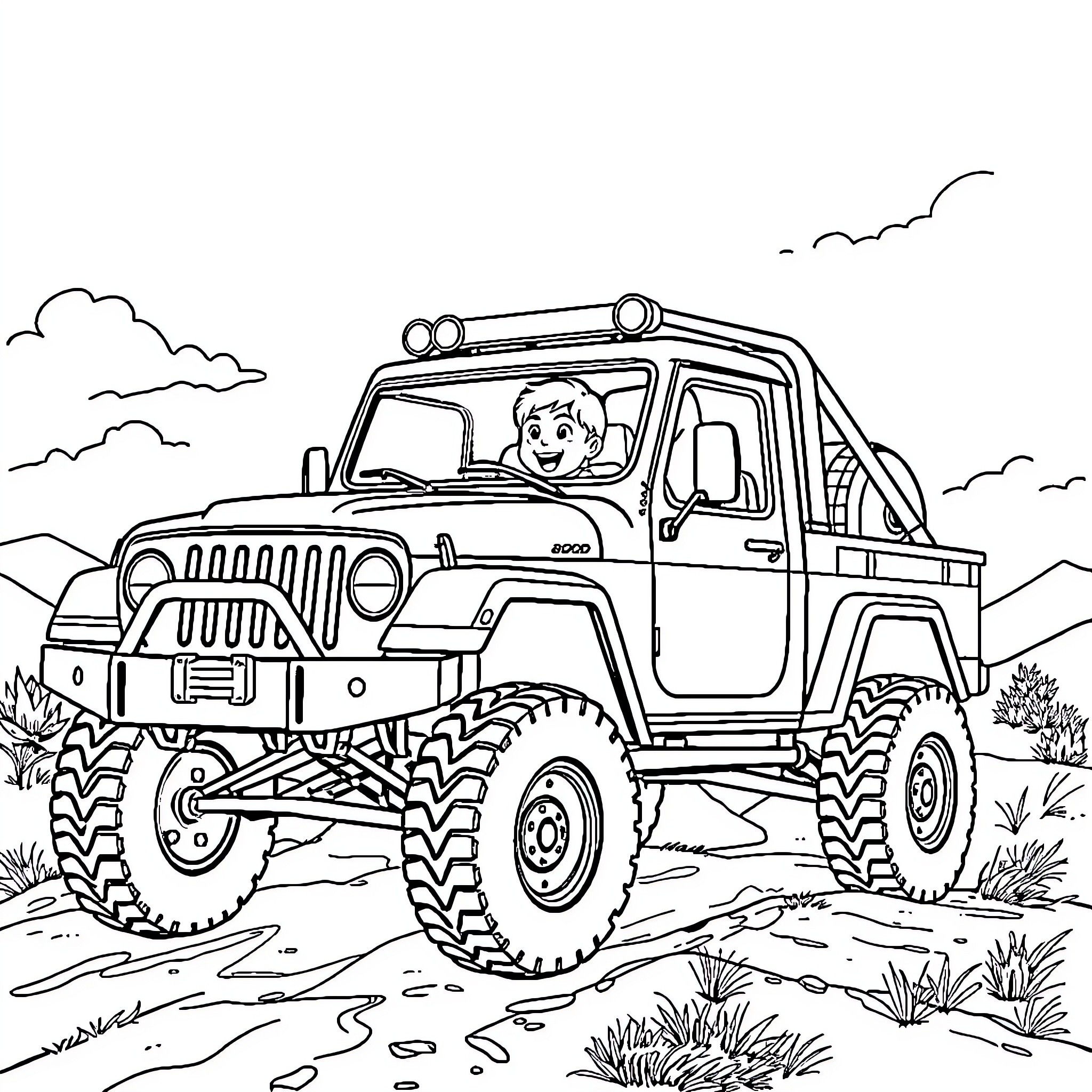 Truck traversing rugged terrain Coloring Page (free black-and-white line drawing printable PDF for all, from beginners to advanced learners, including children, teens, adults, and seniors)