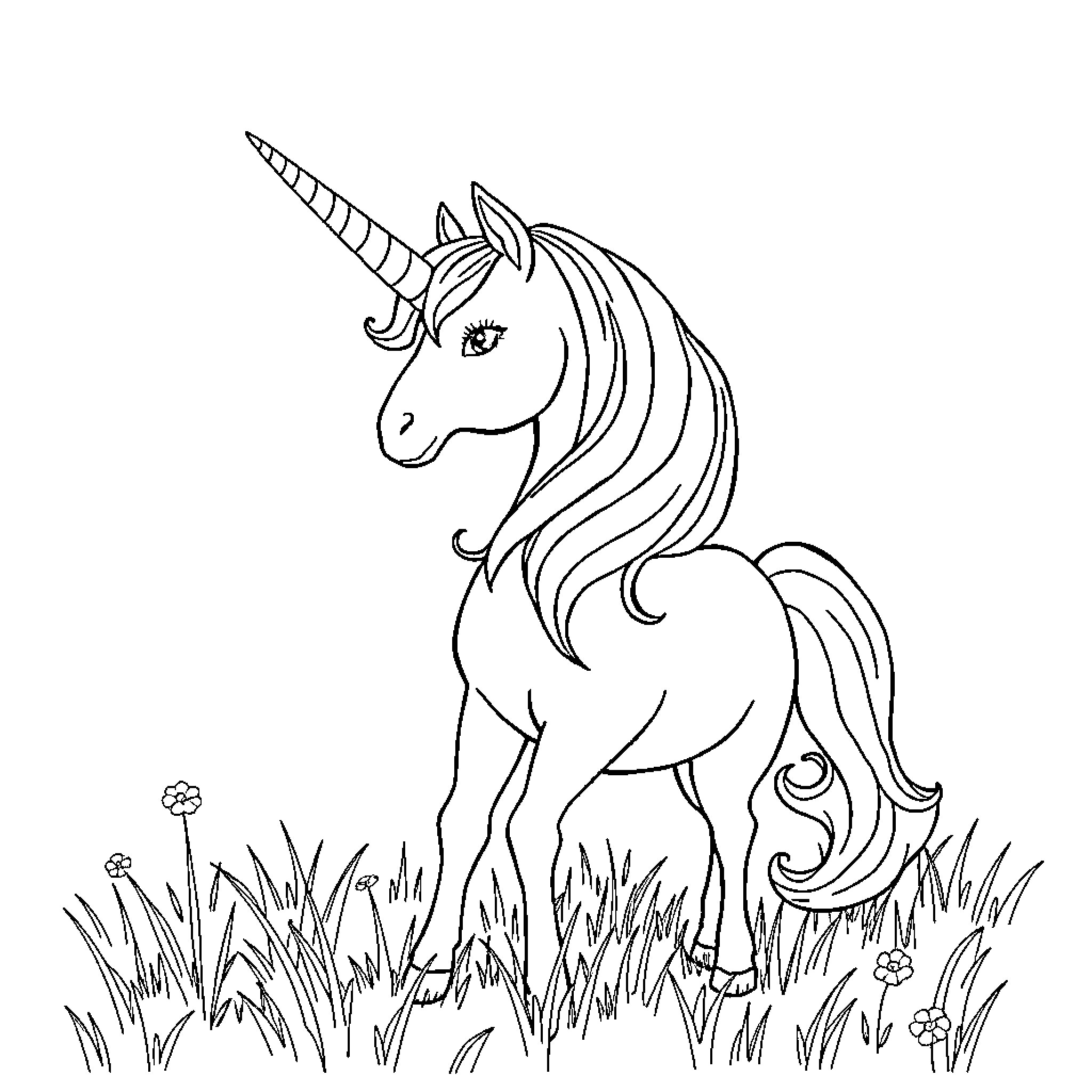 Unicorn grazing peacefully in a grassy field Coloring Page (free black-and-white line drawing printable PDF for all, from beginners to advanced learners, including children, teens, adults, and seniors)