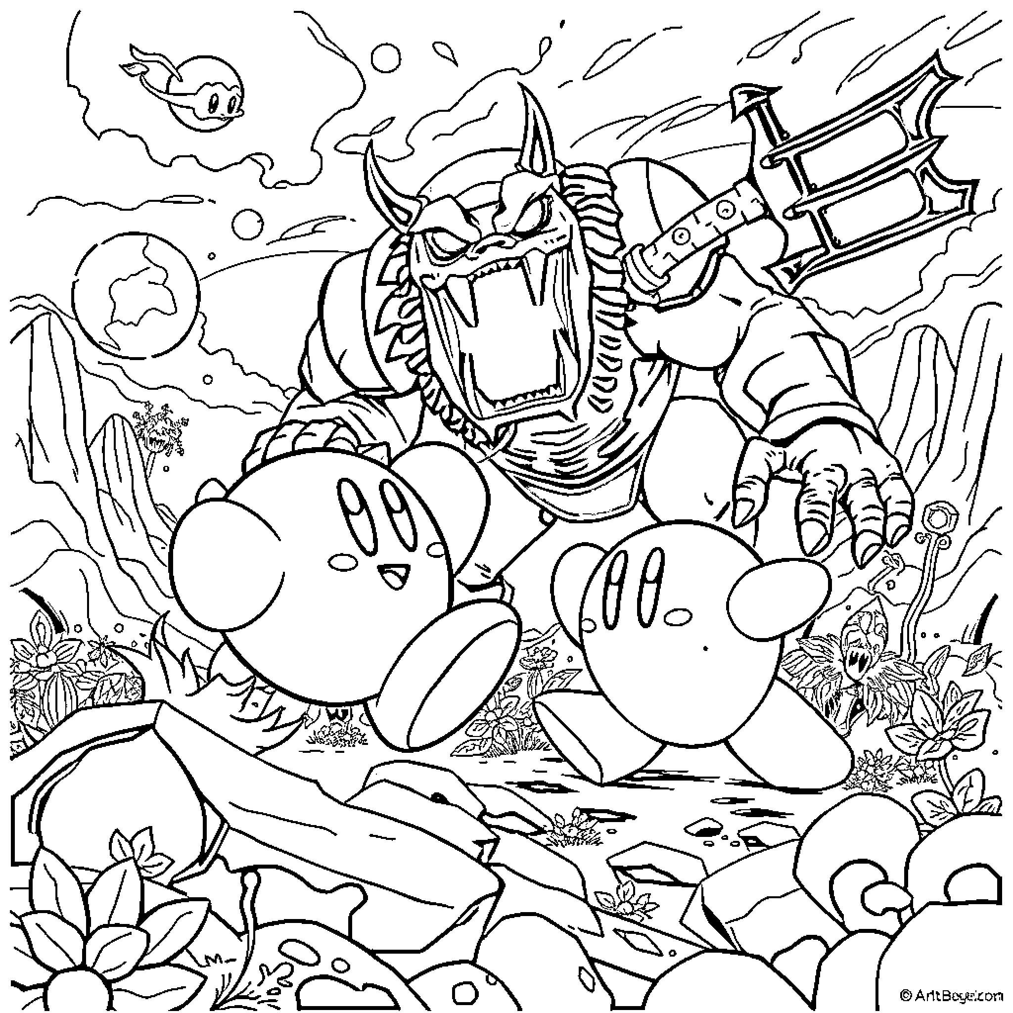 Kirby and Friends Facing a Fearsome Foe Coloring Page (free black-and-white line drawing printable PDF for all, from beginners to advanced learners, including children, teens, adults, and seniors)