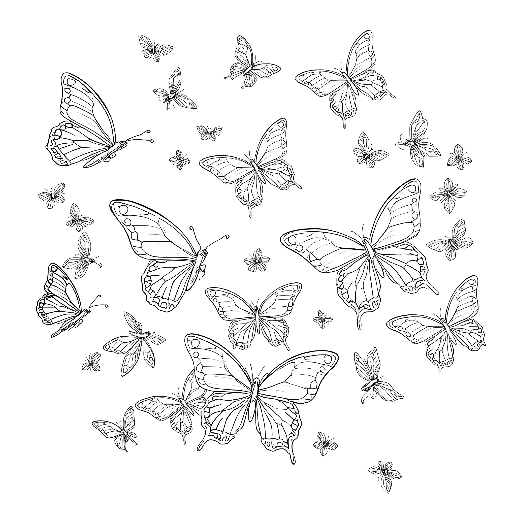 Butterfly Swarm in Elegant Monochrome Coloring Page (free black-and-white line drawing printable PDF for all, from beginners to advanced learners, including children, teens, adults, and seniors)