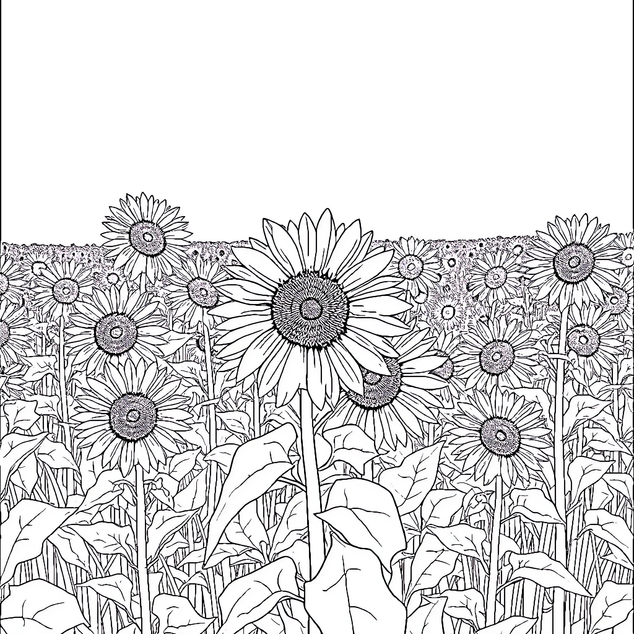 Sunflower field with blooming flowers Coloring Page (free black-and-white line drawing printable PDF for all, from beginners to advanced learners, including children, teens, adults, and seniors)