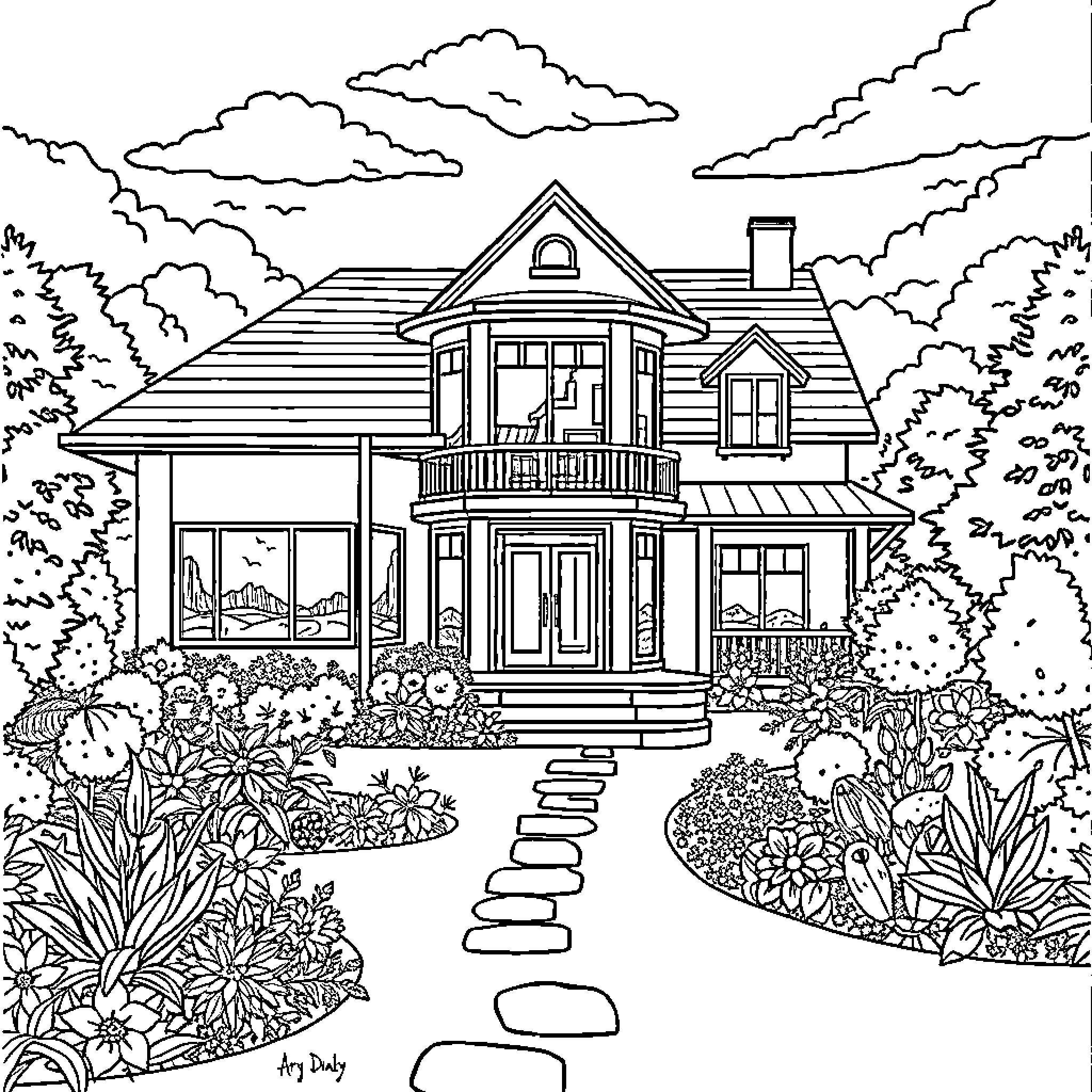 House with ornate exterior and lush garden Coloring Page (free black-and-white line drawing printable PDF for all, from beginners to advanced learners, including children, teens, adults, and seniors)
