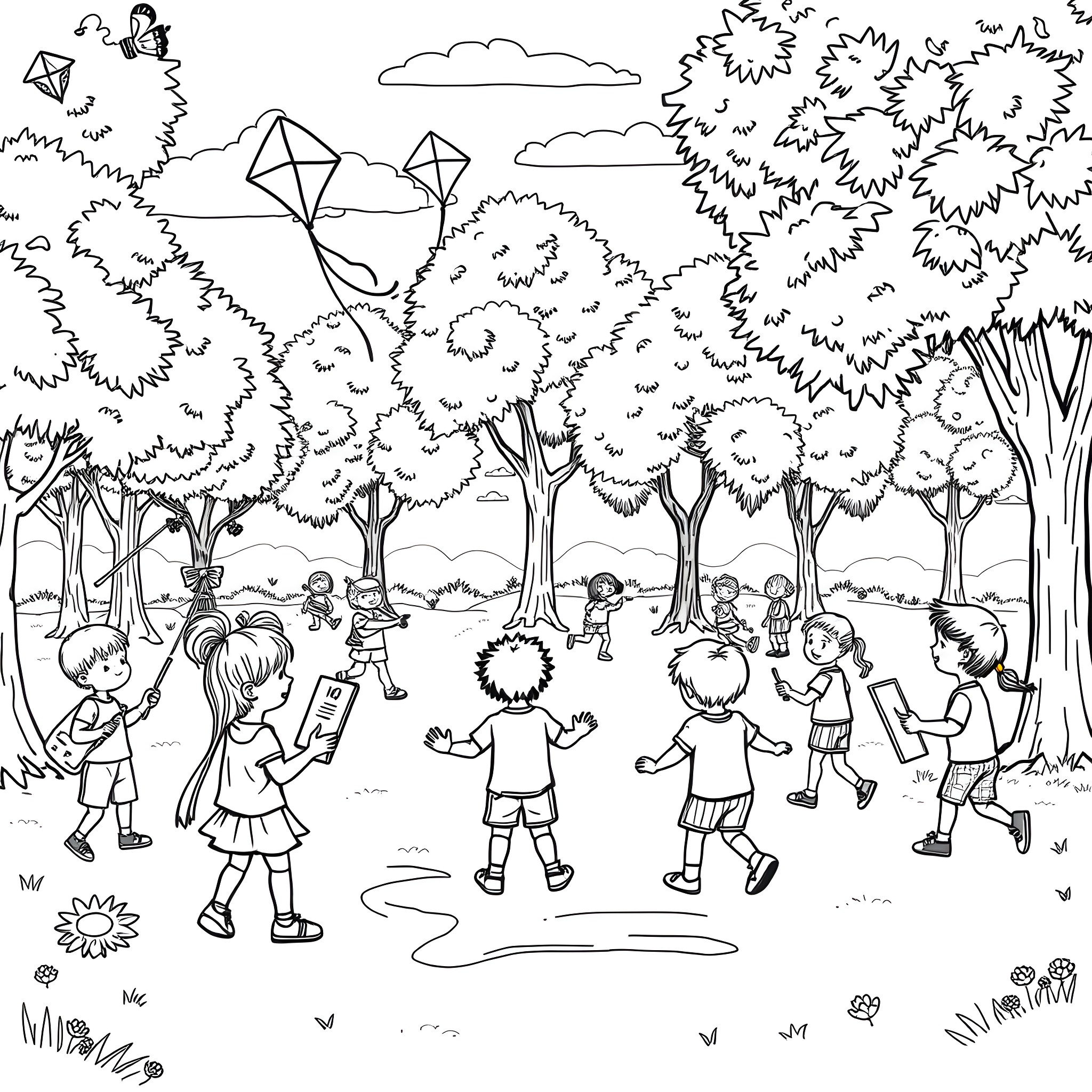 Kids playing together in the park Coloring Page (free black-and-white line drawing printable PDF for all, from beginners to advanced learners, including children, teens, adults, and seniors)