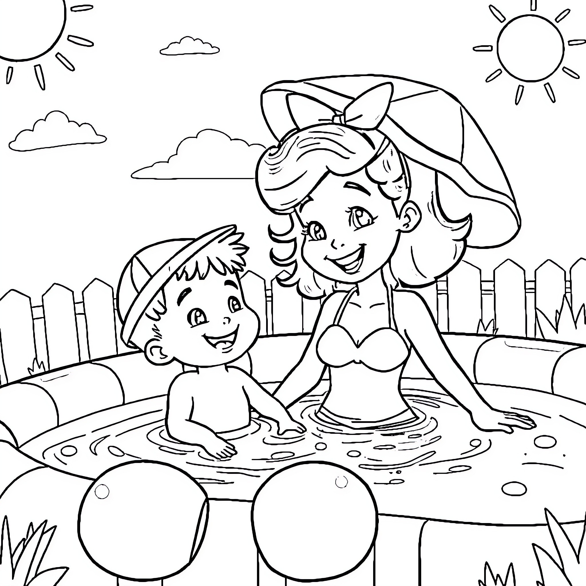 Bluey and friends enjoying a summer day at the beach Coloring Page (free black-and-white line drawing printable PDF for all, from beginners to advanced learners, including children, teens, adults, and seniors)