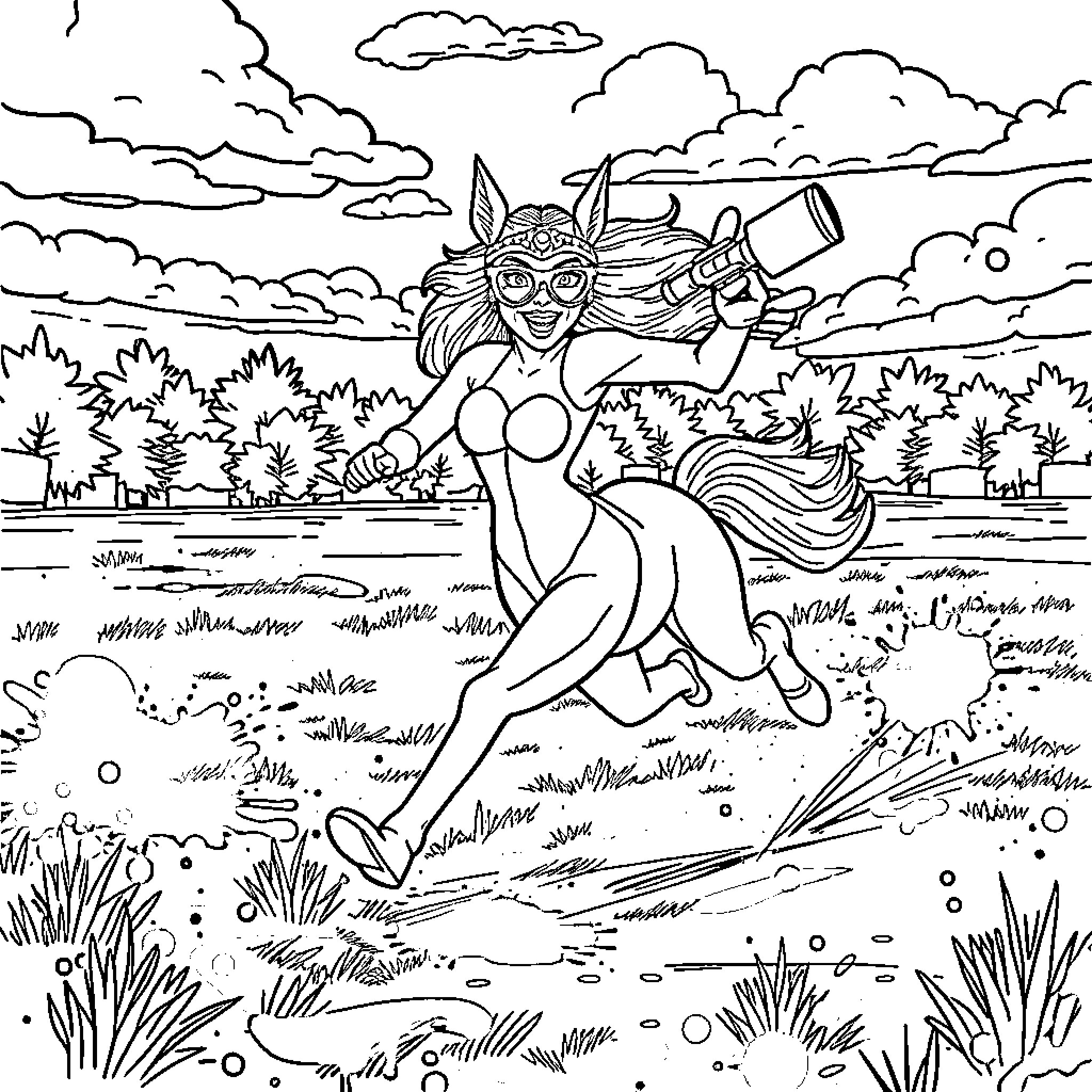 Artemis the Adventurous Goddess in the Outdoors Coloring Page (free black-and-white line drawing printable PDF for all, from beginners to advanced learners, including children, teens, adults, and seniors)