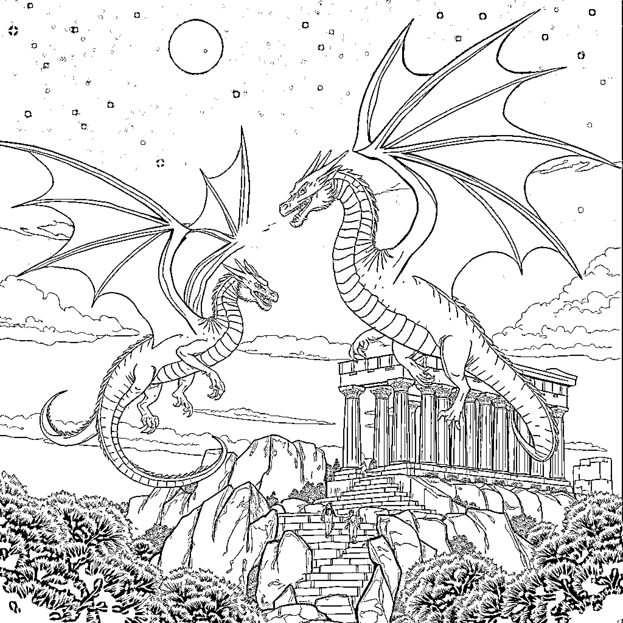 Dragon Battle in the Mystical Realm Coloring Page (free black-and-white line drawing printable PDF for all, from beginners to advanced learners, including children, teens, adults, and seniors)