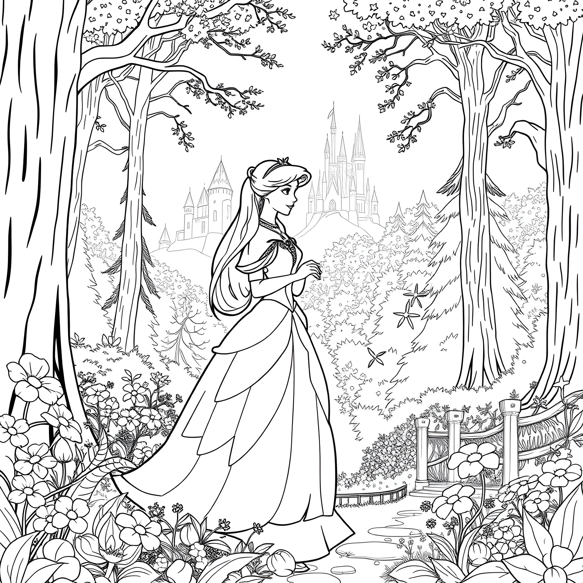 Aurora's Enchanted Stroll in the Magical Forest Coloring Page (free black-and-white line drawing printable PDF for all, from beginners to advanced learners, including children, teens, adults, and seniors)