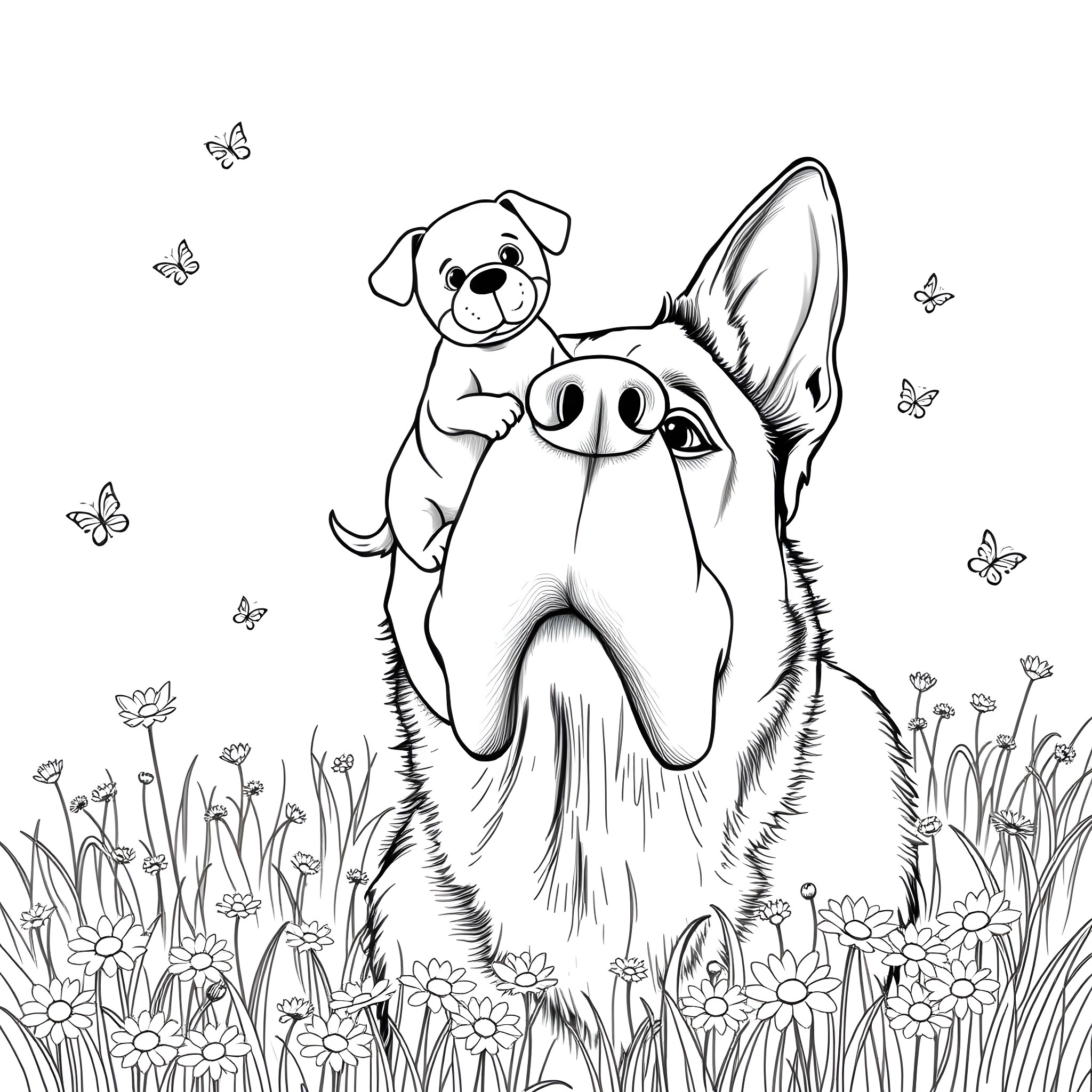Dog exploring the floral field with butterflies Coloring Page (free black-and-white line drawing printable PDF for all, from beginners to advanced learners, including children, teens, adults, and seniors)