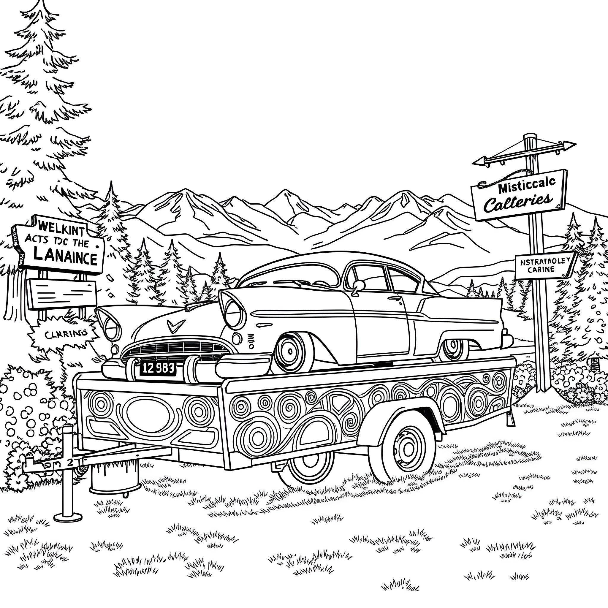 Car on mountain road surrounded by nature scenery Coloring Page (free black-and-white line drawing printable PDF for all, from beginners to advanced learners, including children, teens, adults, and seniors)