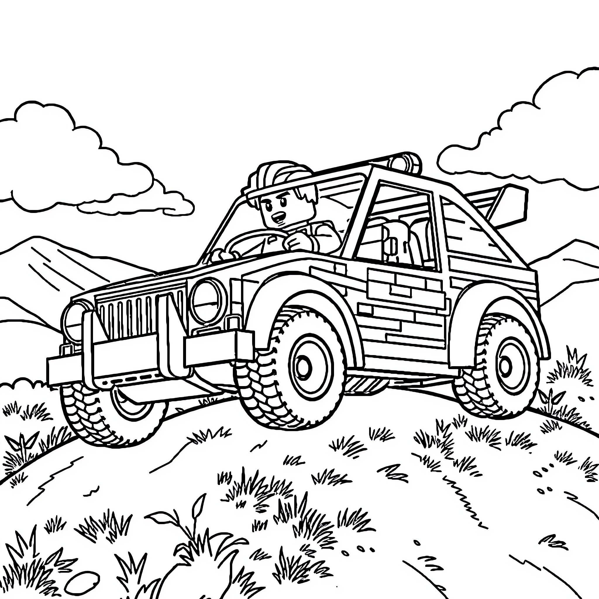 Lego Man driving rugged off-road vehicle in nature Coloring Page (free black-and-white line drawing printable PDF for all, from beginners to advanced learners, including children, teens, adults, and seniors)