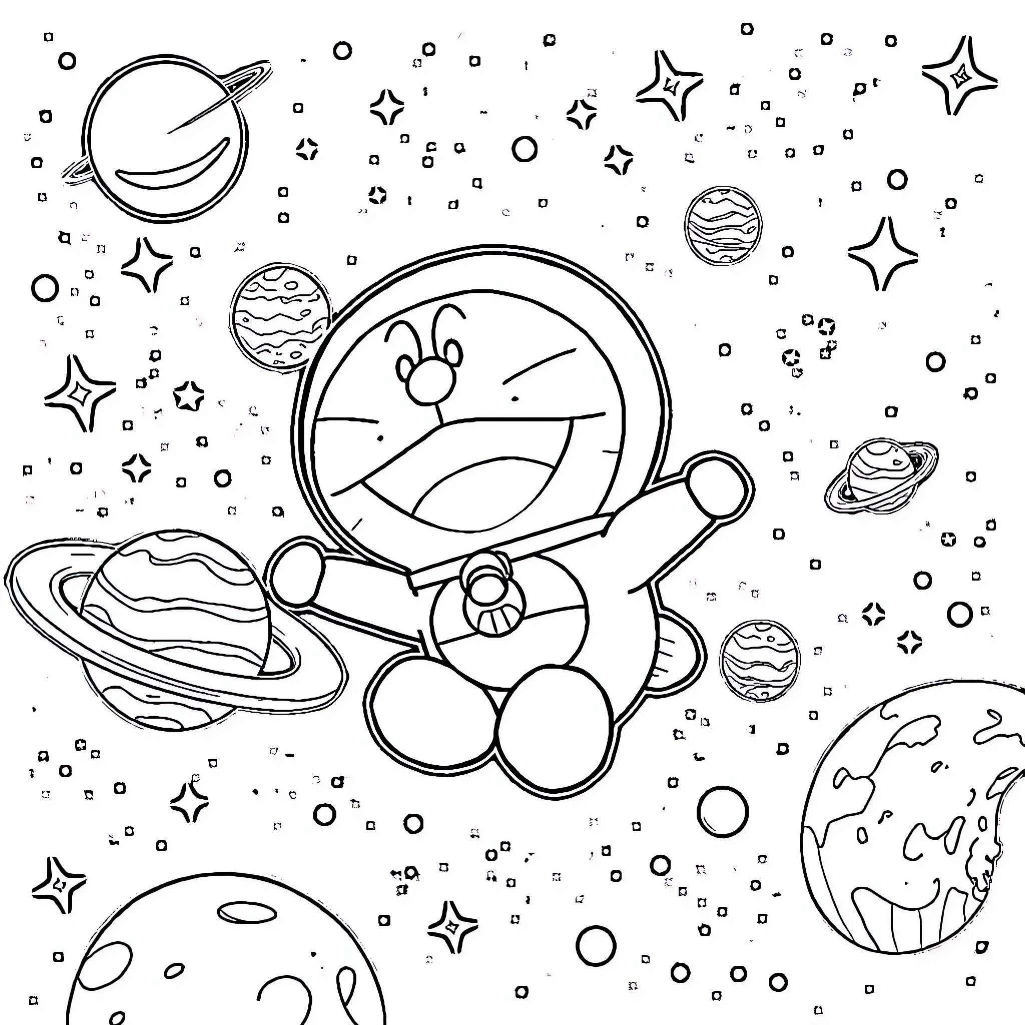 Doraemon exploring the wonders of the universe Coloring Page (free black-and-white line drawing printable PDF for all, from beginners to advanced learners, including children, teens, adults, and seniors)