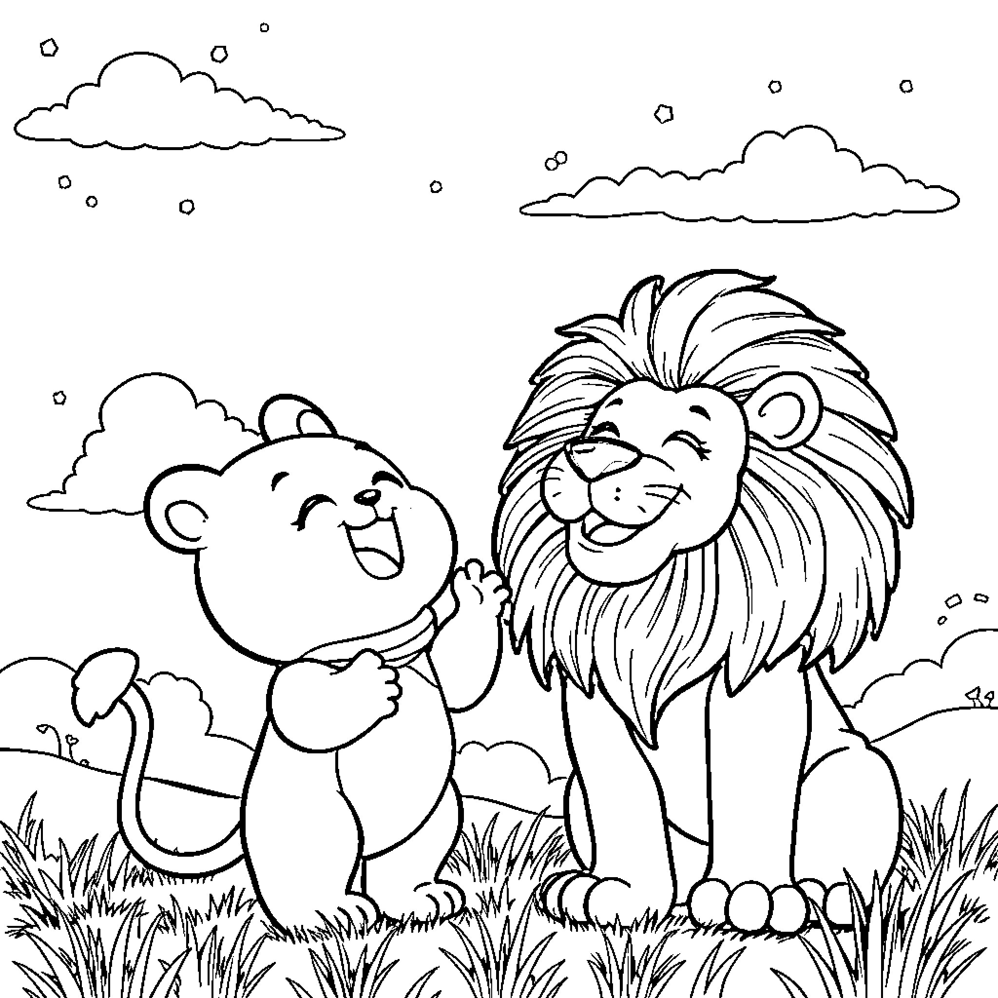 Molang and Lion Playing Together in the Meadow Coloring Page (free black-and-white line drawing printable PDF for all, from beginners to advanced learners, including children, teens, adults, and seniors)
