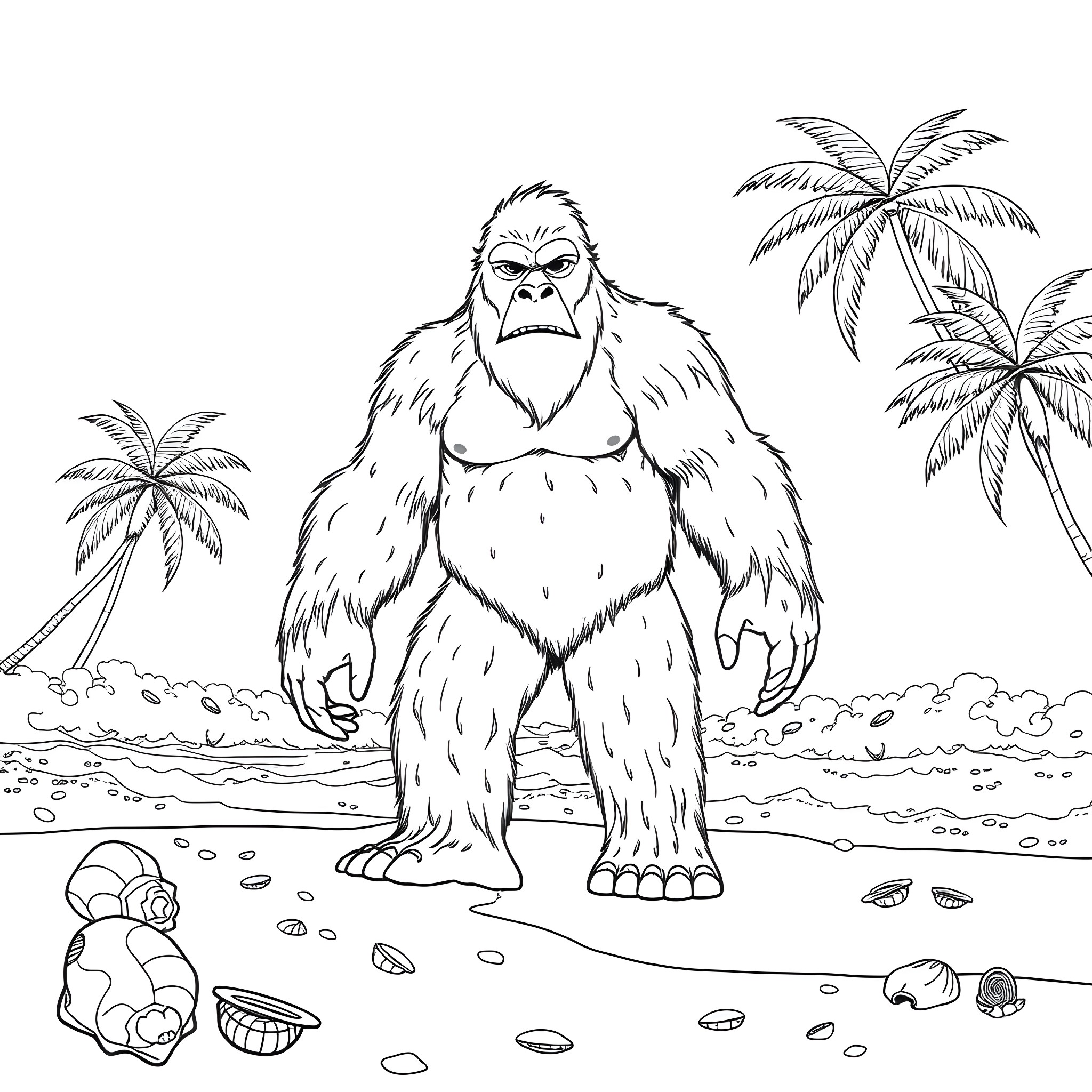 Bigfoot enjoying a tropical beach scene Coloring Page (free black-and-white line drawing printable PDF for all, from beginners to advanced learners, including children, teens, adults, and seniors)