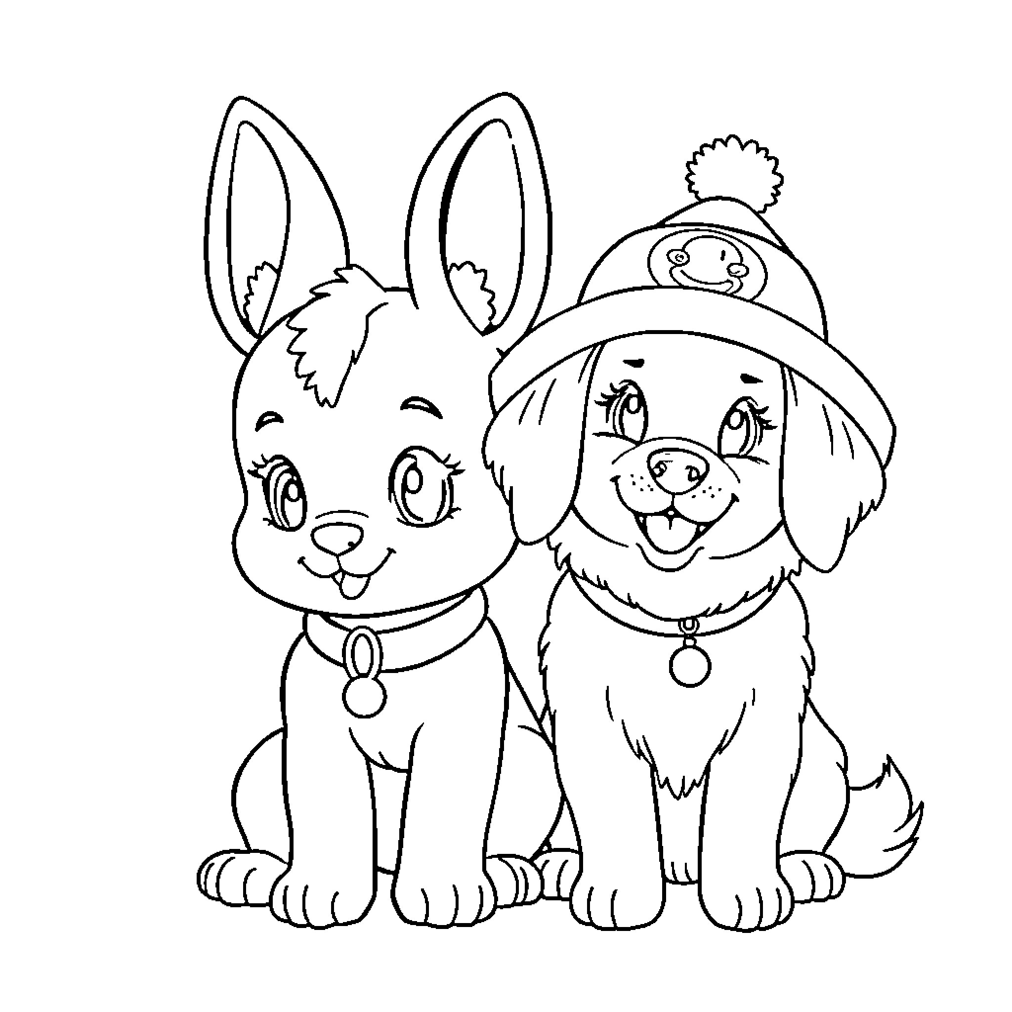 Cinnamoroll and puppy friend in winter outfits Coloring Page (free black-and-white line drawing printable PDF for all, from beginners to advanced learners, including children, teens, adults, and seniors)