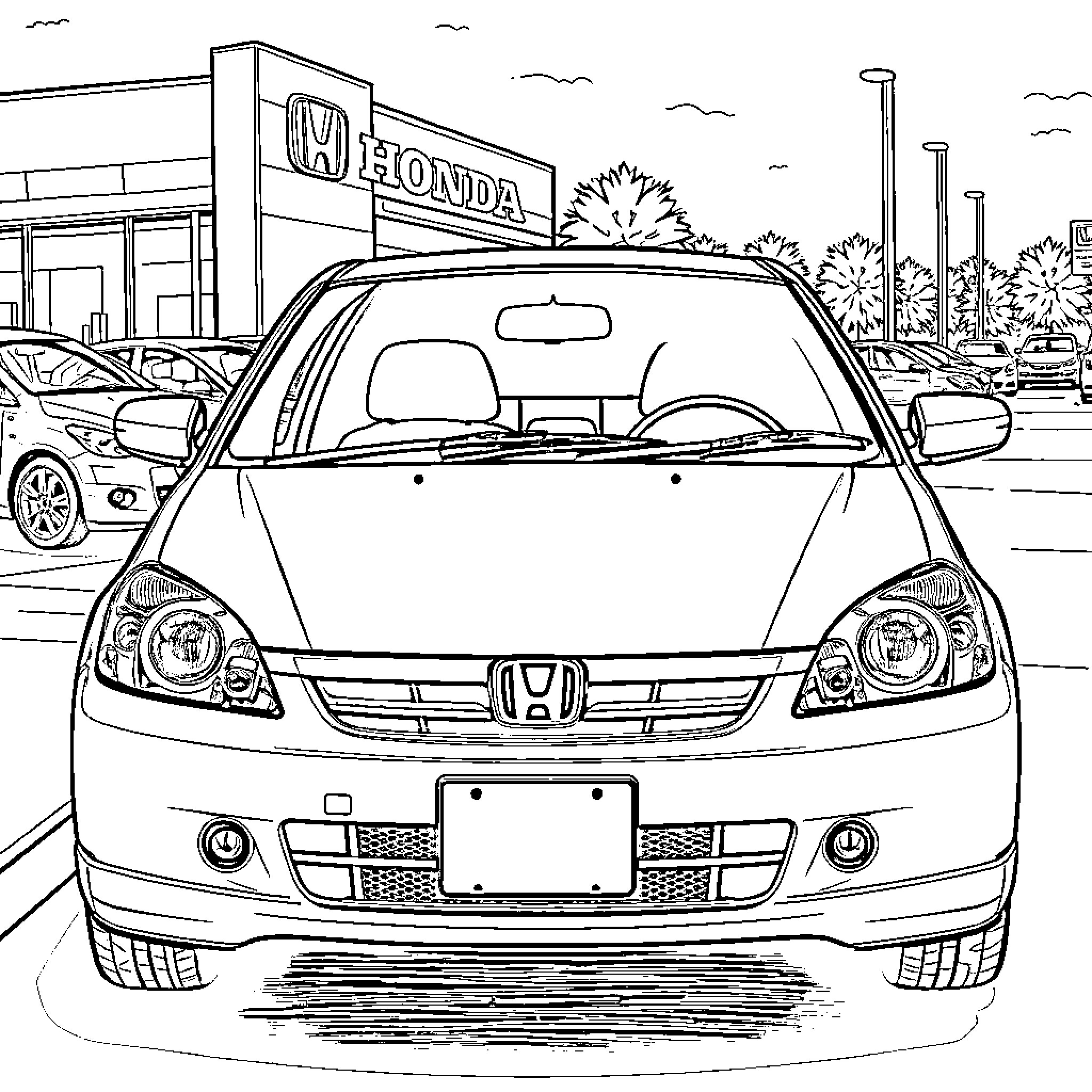 Honda car dealership scene with car in foreground Coloring Page (free black-and-white line drawing printable PDF for all, from beginners to advanced learners, including children, teens, adults, and seniors)