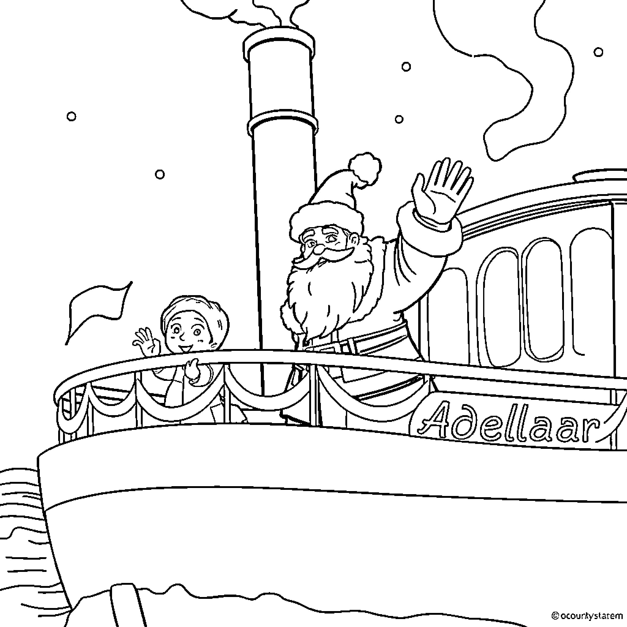 Sinterklaas waving from the Steamboat to a child Coloring Page (free black-and-white line drawing printable PDF for all, from beginners to advanced learners, including children, teens, adults, and seniors)