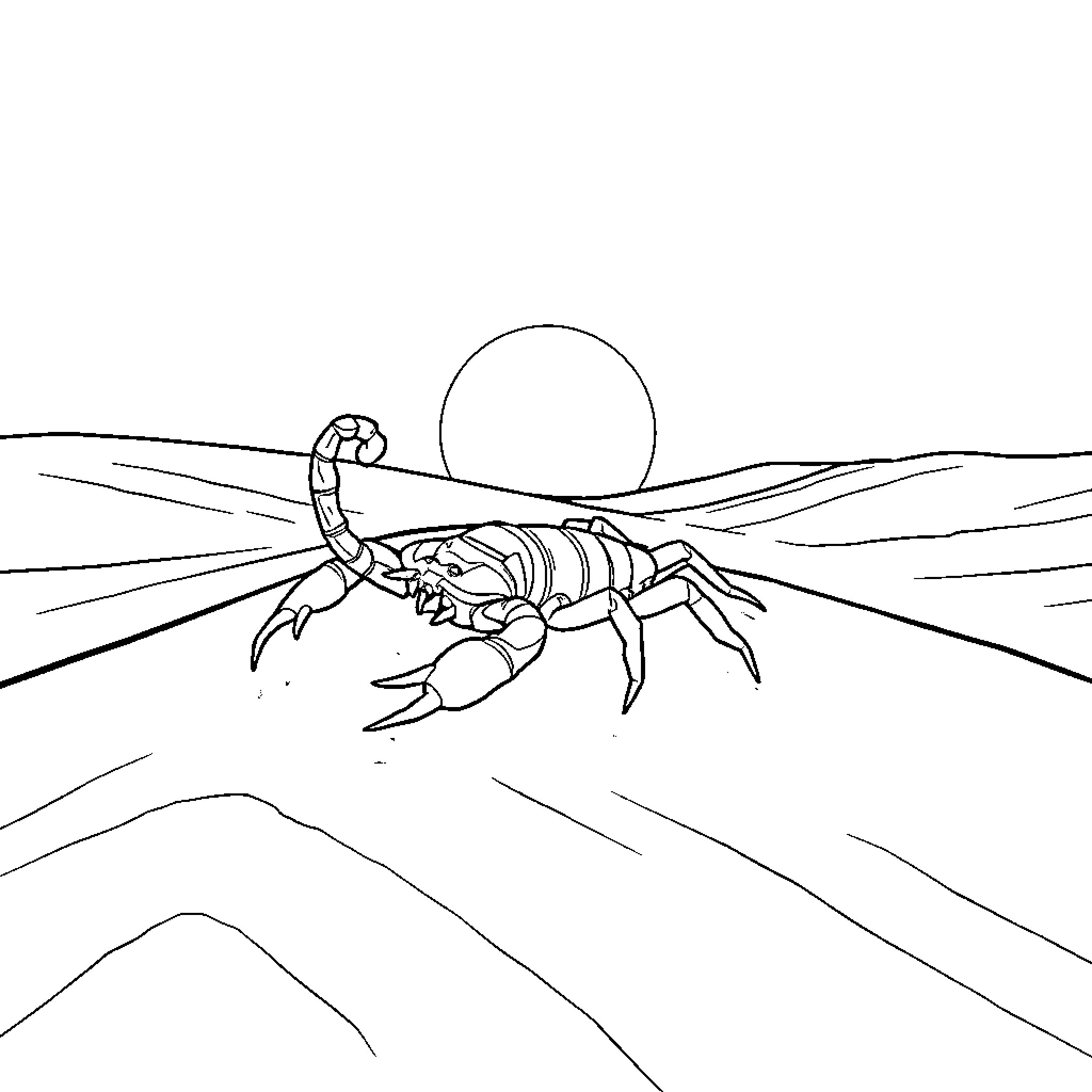 Scorpion under the desert sun Coloring Page (free black-and-white line drawing printable PDF for all, from beginners to advanced learners, including children, teens, adults, and seniors)