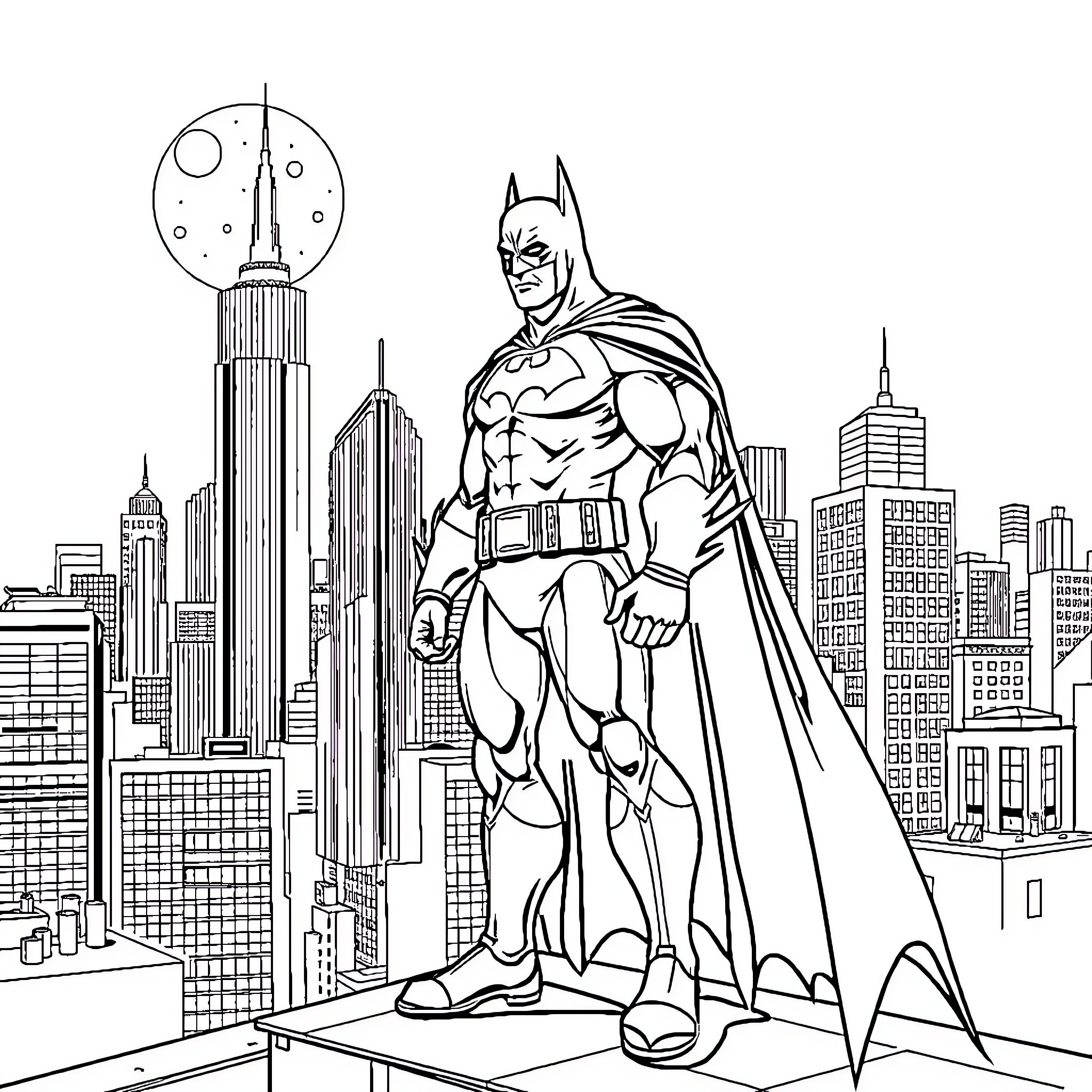 Bathman Heroically Stands Guard Over the City Coloring Page (free black-and-white line drawing printable PDF for all, from beginners to advanced learners, including children, teens, adults, and seniors)
