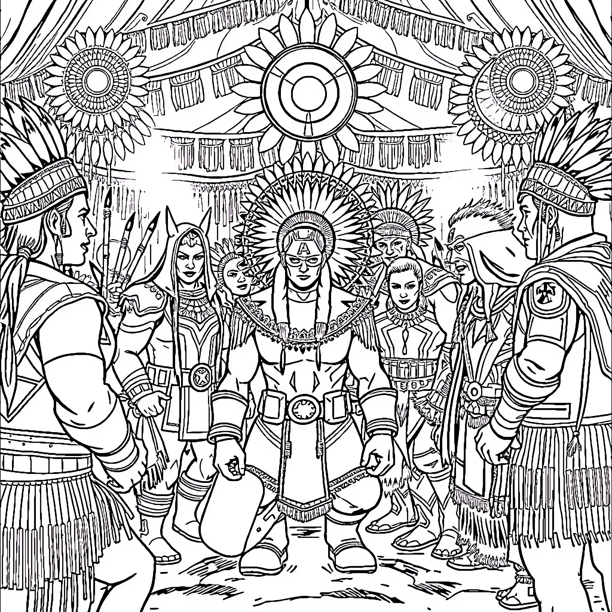Avenger Warriors in Ceremonial Attire Coloring Page (free black-and-white line drawing printable PDF for all, from beginners to advanced learners, including children, teens, adults, and seniors)