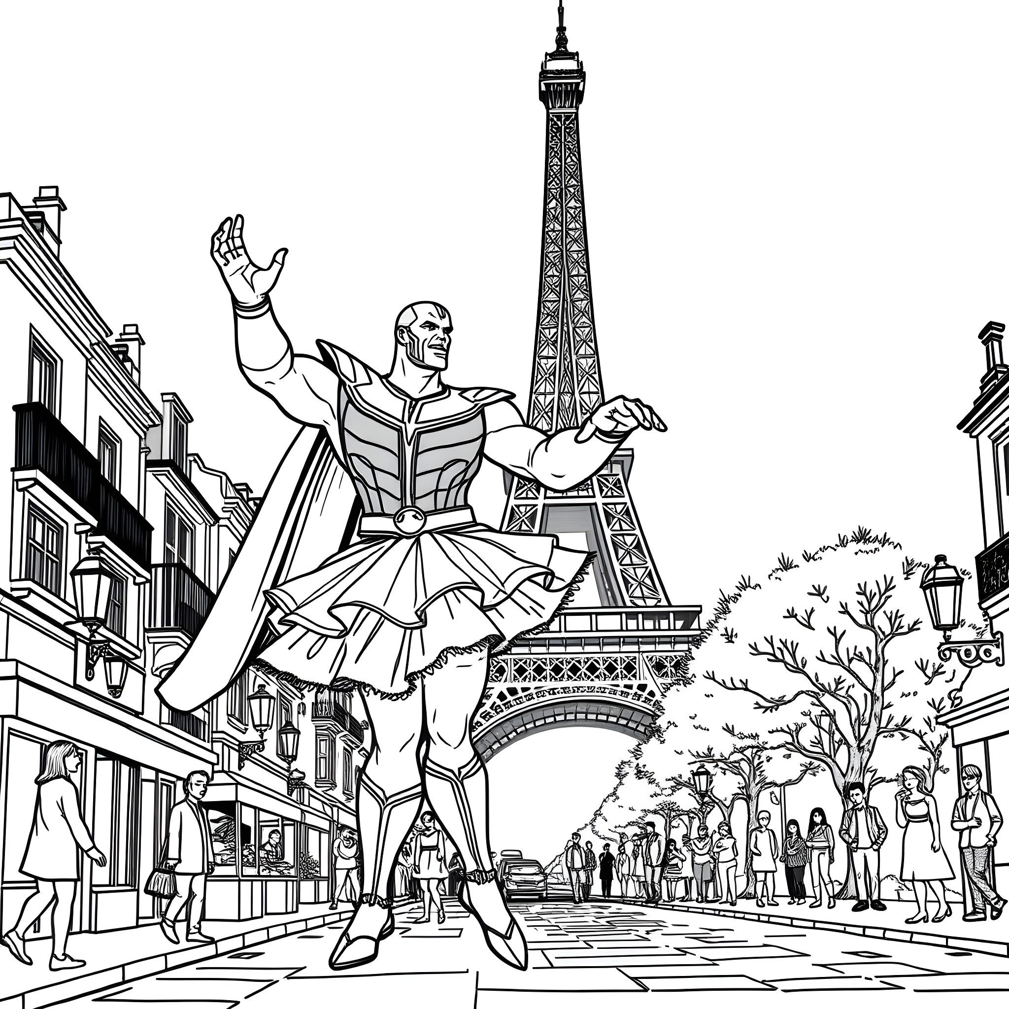 Thanos conquering Paris with his powerful stance Coloring Page (free black-and-white line drawing printable PDF for all, from beginners to advanced learners, including children, teens, adults, and seniors)