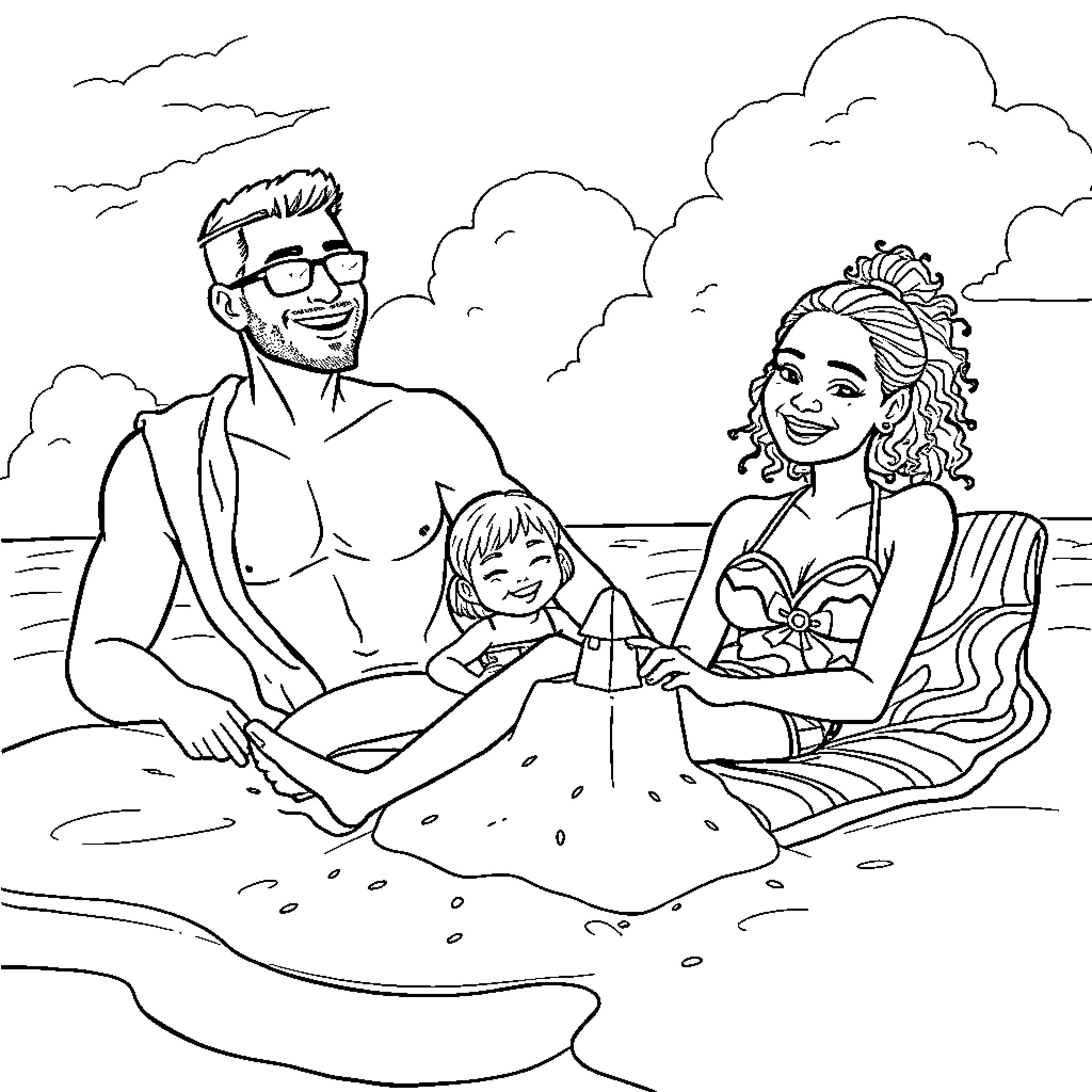Family enjoying a day at the beach Coloring Page (free black-and-white line drawing printable PDF for all, from beginners to advanced learners, including children, teens, adults, and seniors)