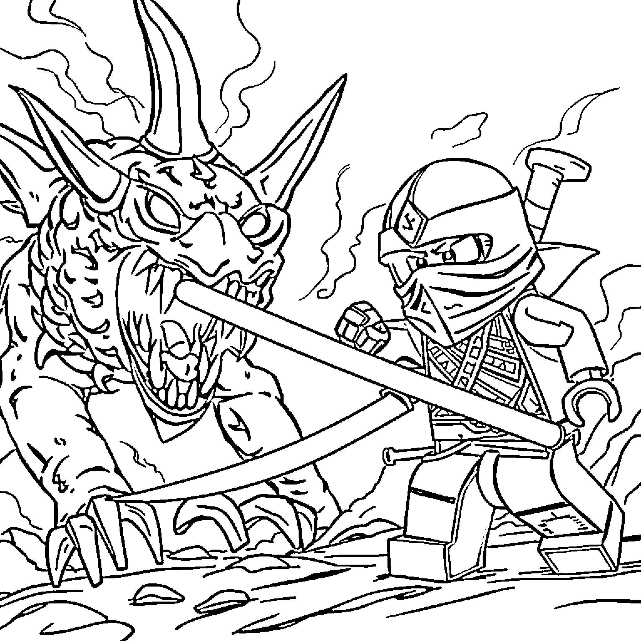 Ninjago warrior battles fierce dragon creature Coloring Page (free black-and-white line drawing printable PDF for all, from beginners to advanced learners, including children, teens, adults, and seniors)