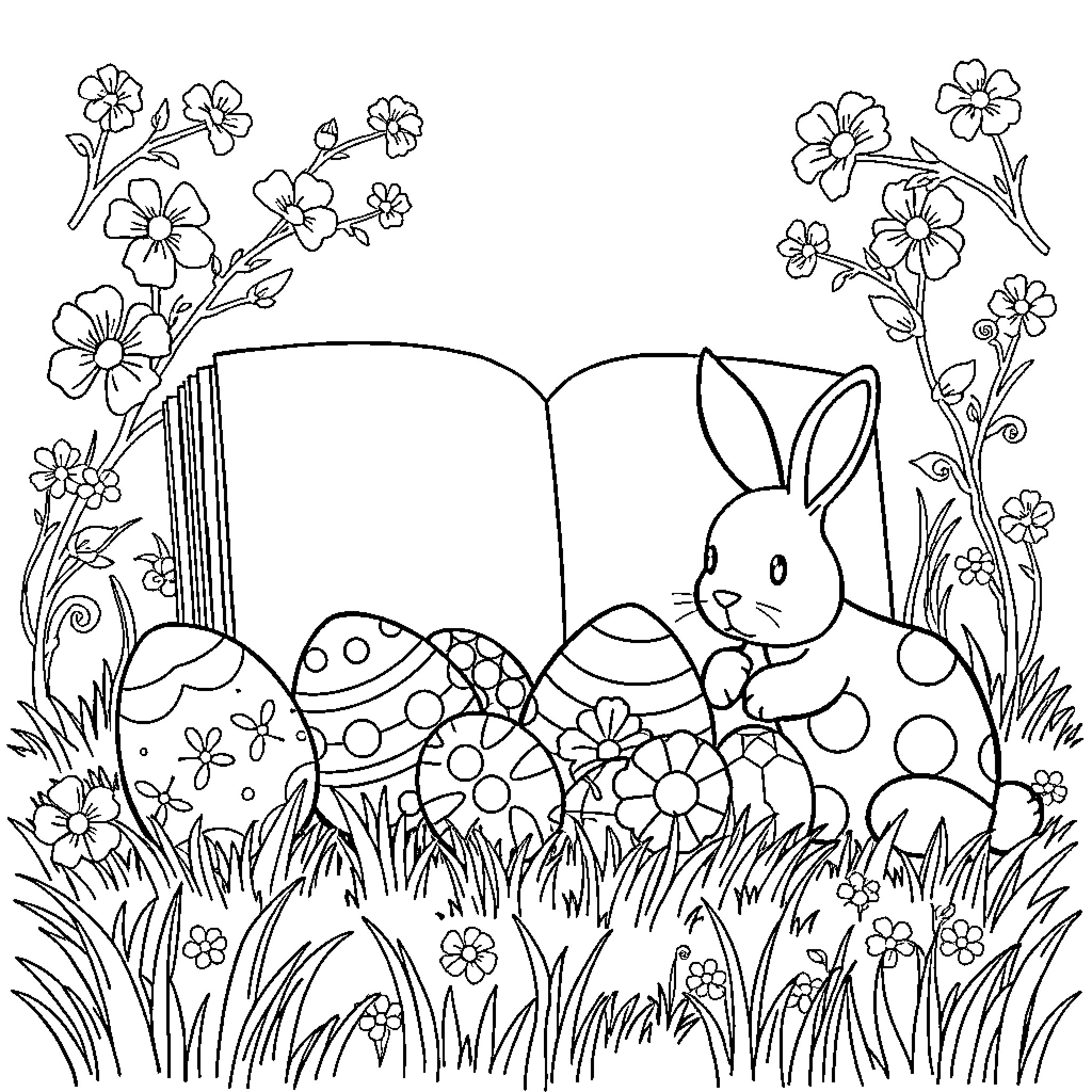 Easter Book with Bunny, Eggs, and Flowers Coloring Page (free black-and-white line drawing printable PDF for all, from beginners to advanced learners, including children, teens, adults, and seniors)