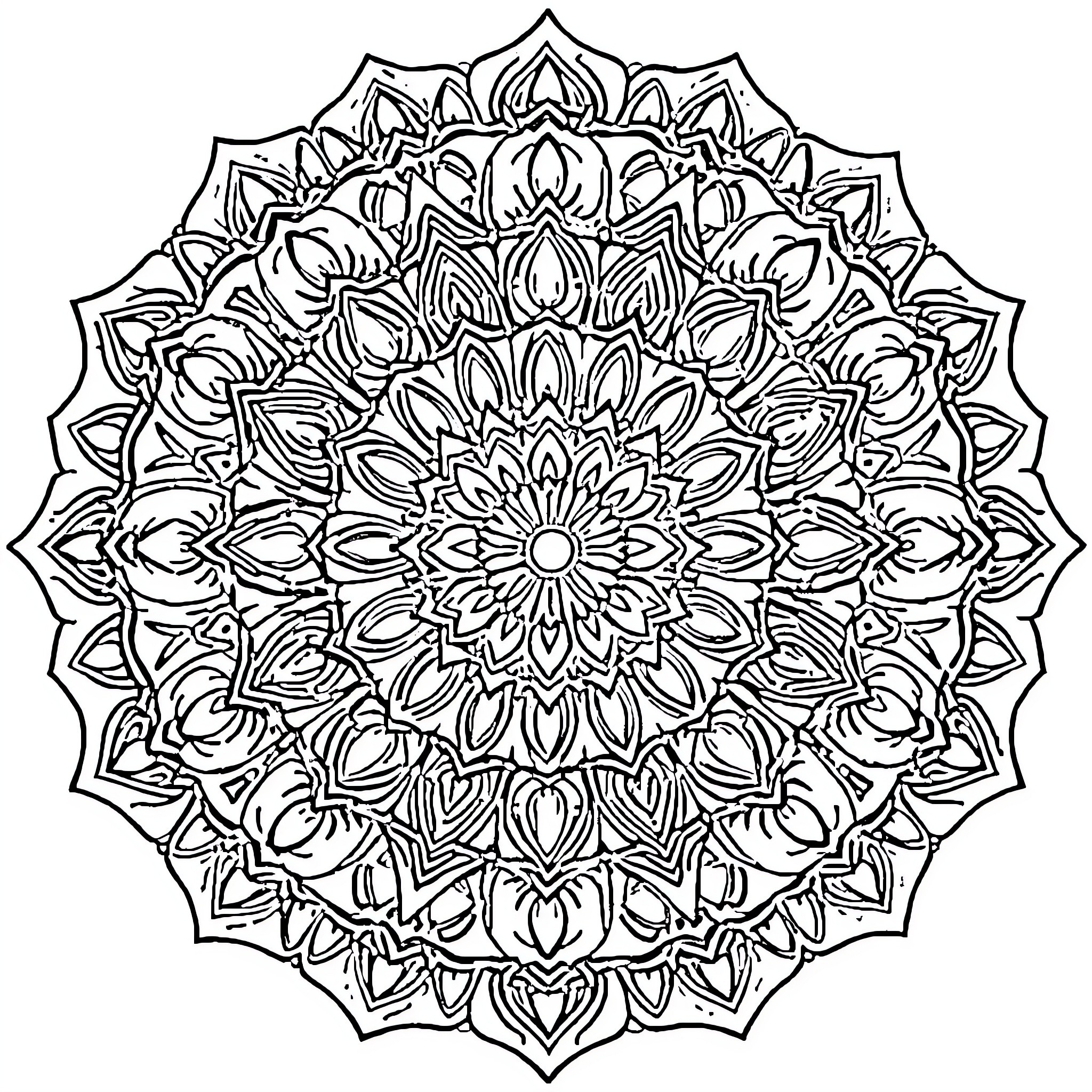 Mandala of intricate floral patterns Coloring Page (free black-and-white line drawing printable PDF for all, from beginners to advanced learners, including children, teens, adults, and seniors)