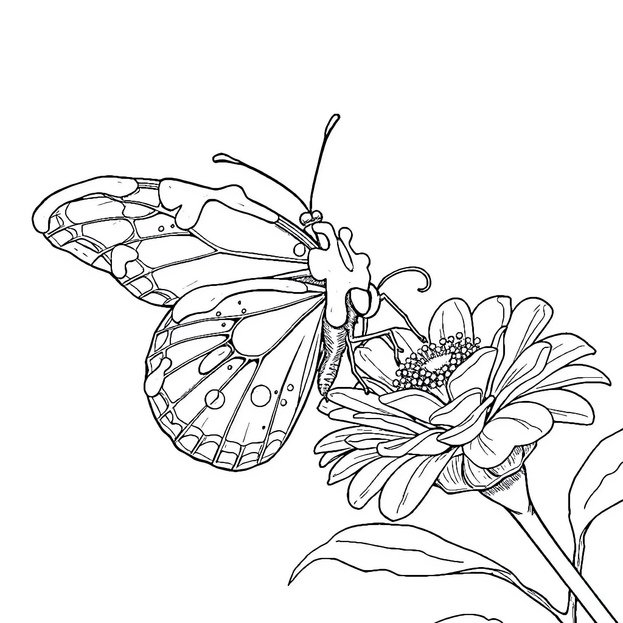 Butterfly resting on a colorful flower Coloring Page (free black-and-white line drawing printable PDF for all, from beginners to advanced learners, including children, teens, adults, and seniors)