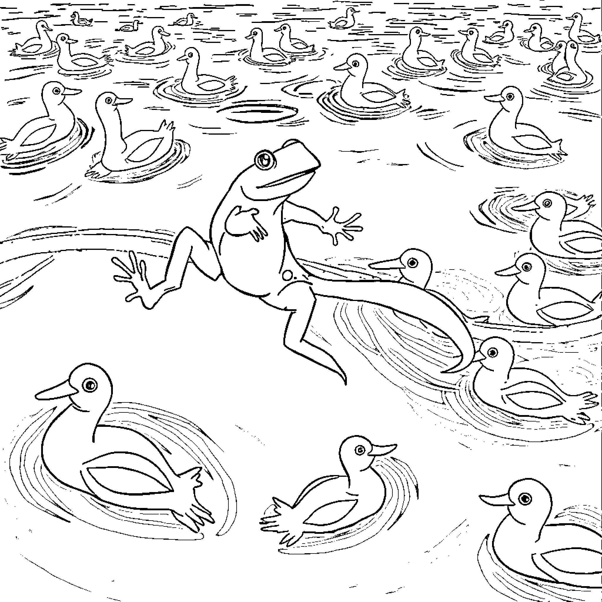 Frog swimming amidst a pond of ducks Coloring Page (free black-and-white line drawing printable PDF for all, from beginners to advanced learners, including children, teens, adults, and seniors)