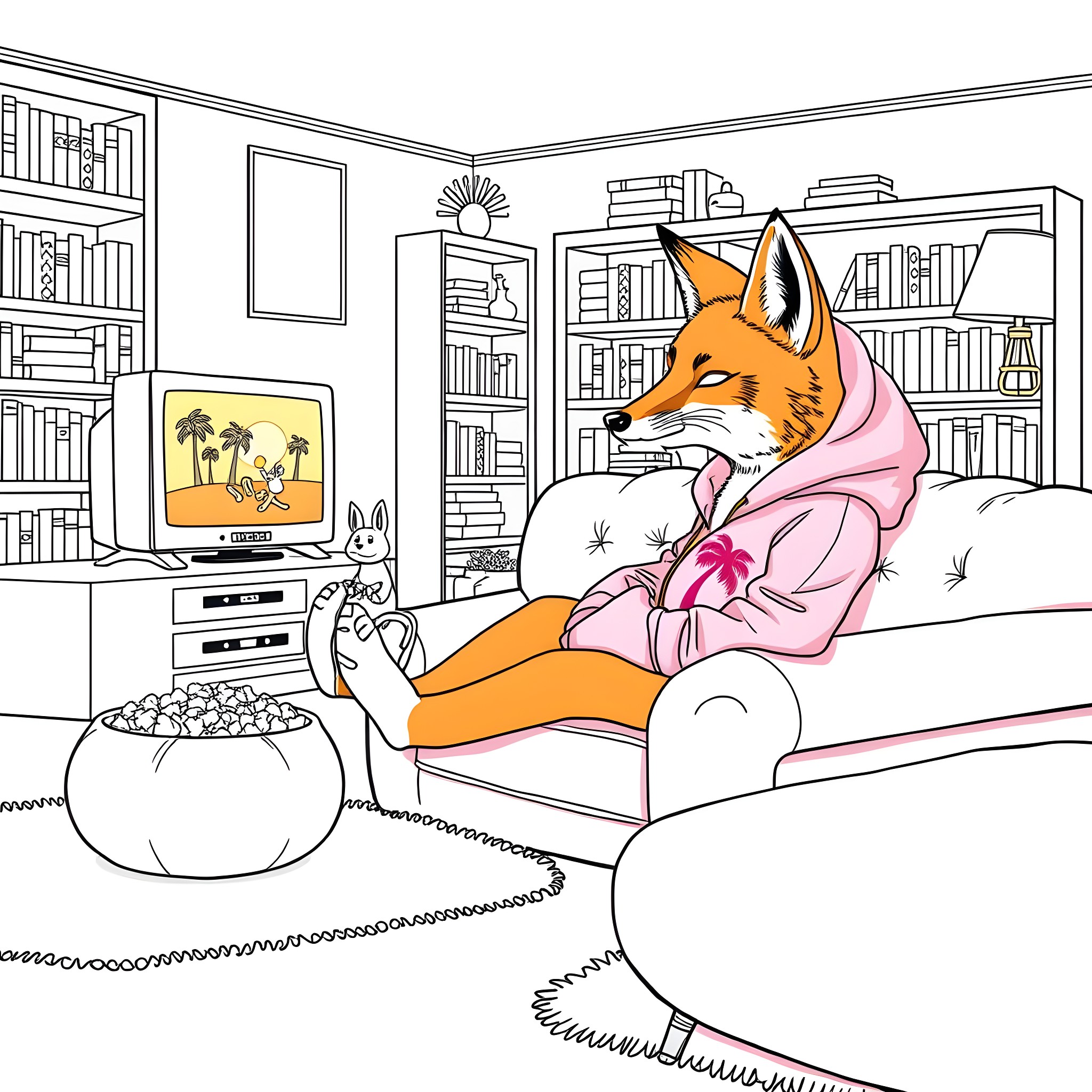 Fox relaxing comfortably in cozy living room Coloring Page (free black-and-white line drawing printable PDF for all, from beginners to advanced learners, including children, teens, adults, and seniors)