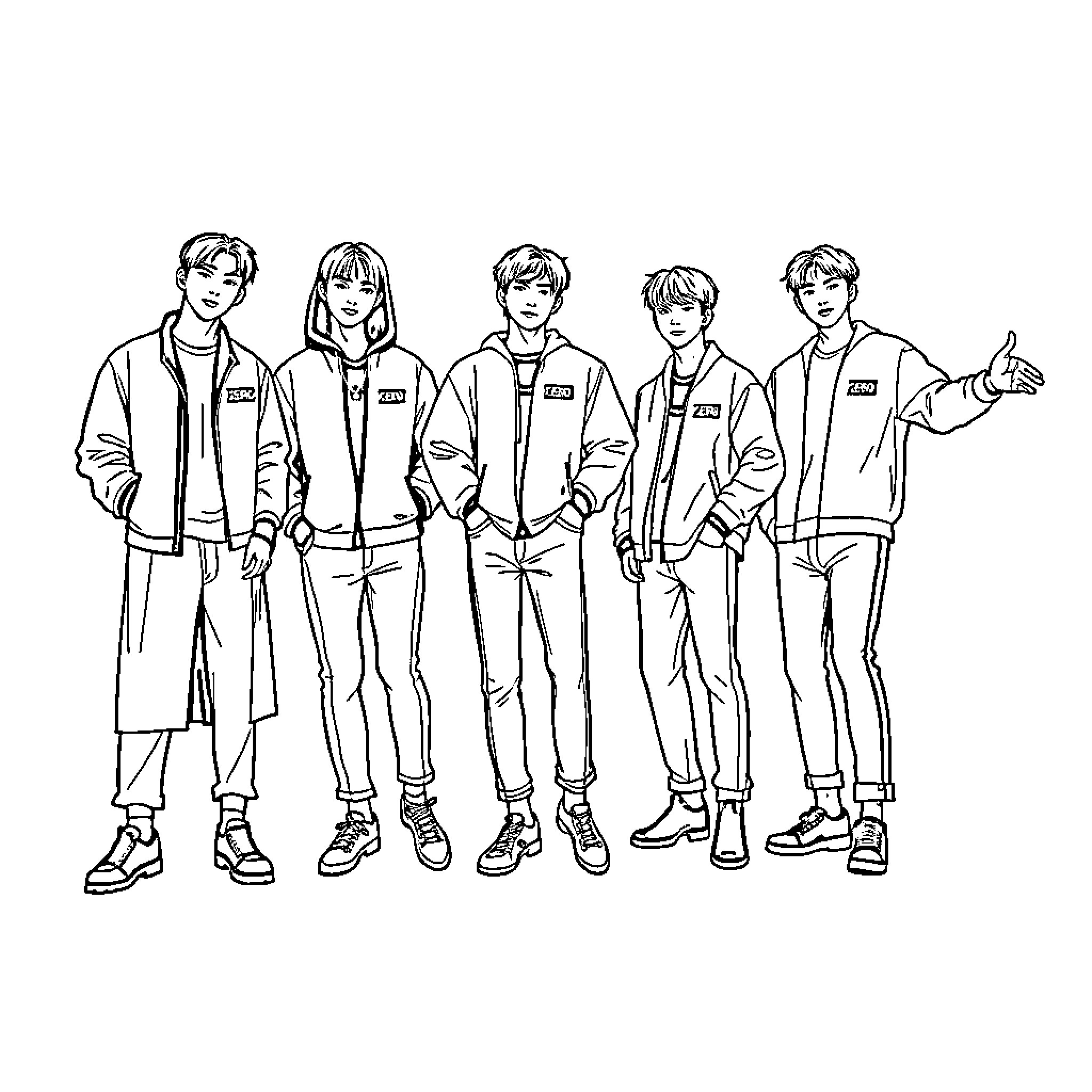 ZEROBASEONE Group of Uniformed Young Adults Coloring Page (free black-and-white line drawing printable PDF for all, from beginners to advanced learners, including children, teens, adults, and seniors)