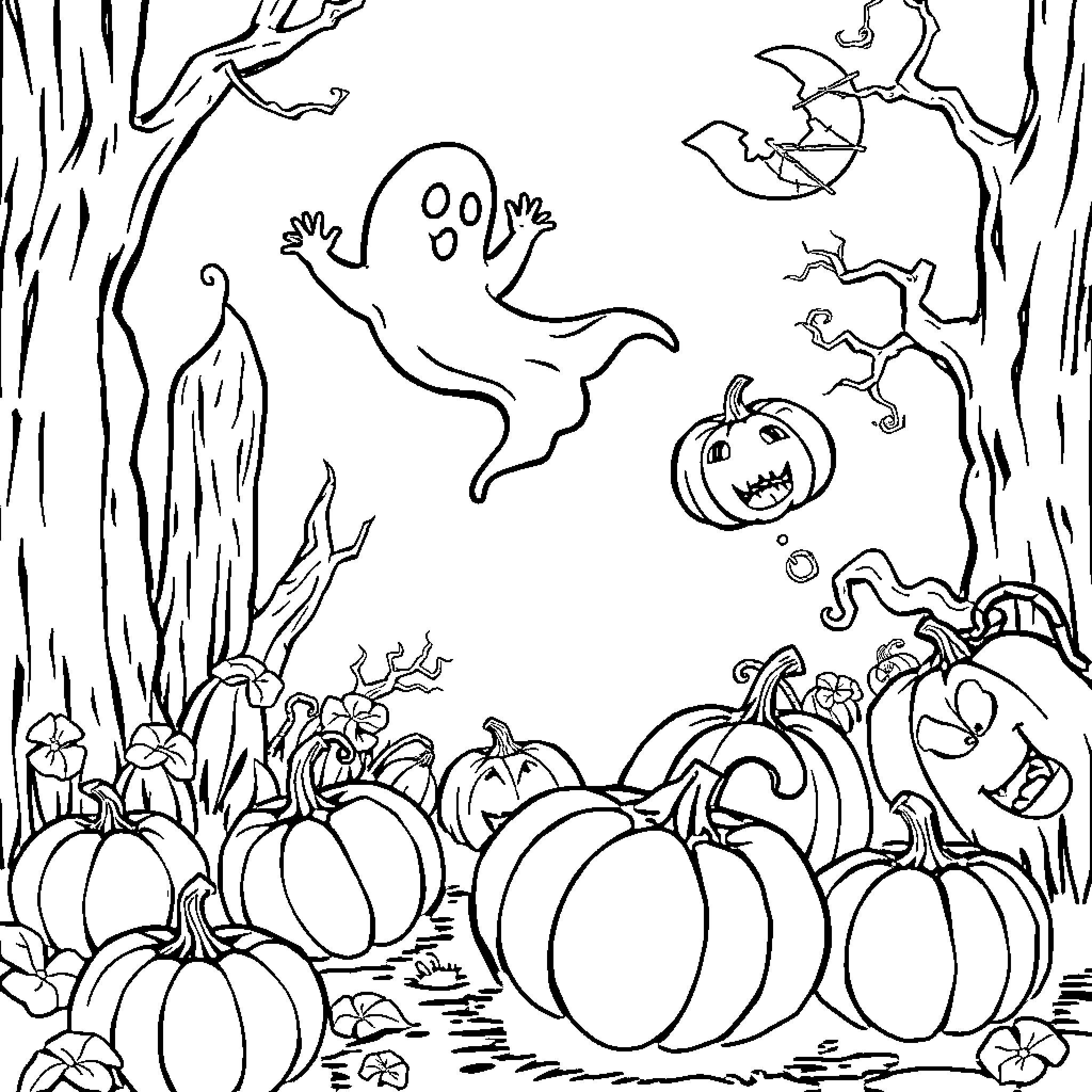 Ghost Pumpkins and Spooky Spirits in the Forest Coloring Page (free black-and-white line drawing printable PDF for all, from beginners to advanced learners, including children, teens, adults, and seniors)